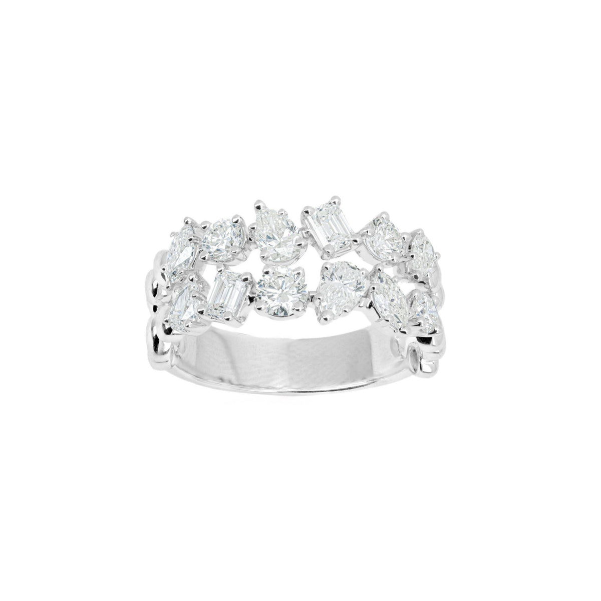 18k White Gold Pear, Round, Emerald, and Marquise Diamond Two-Row Band