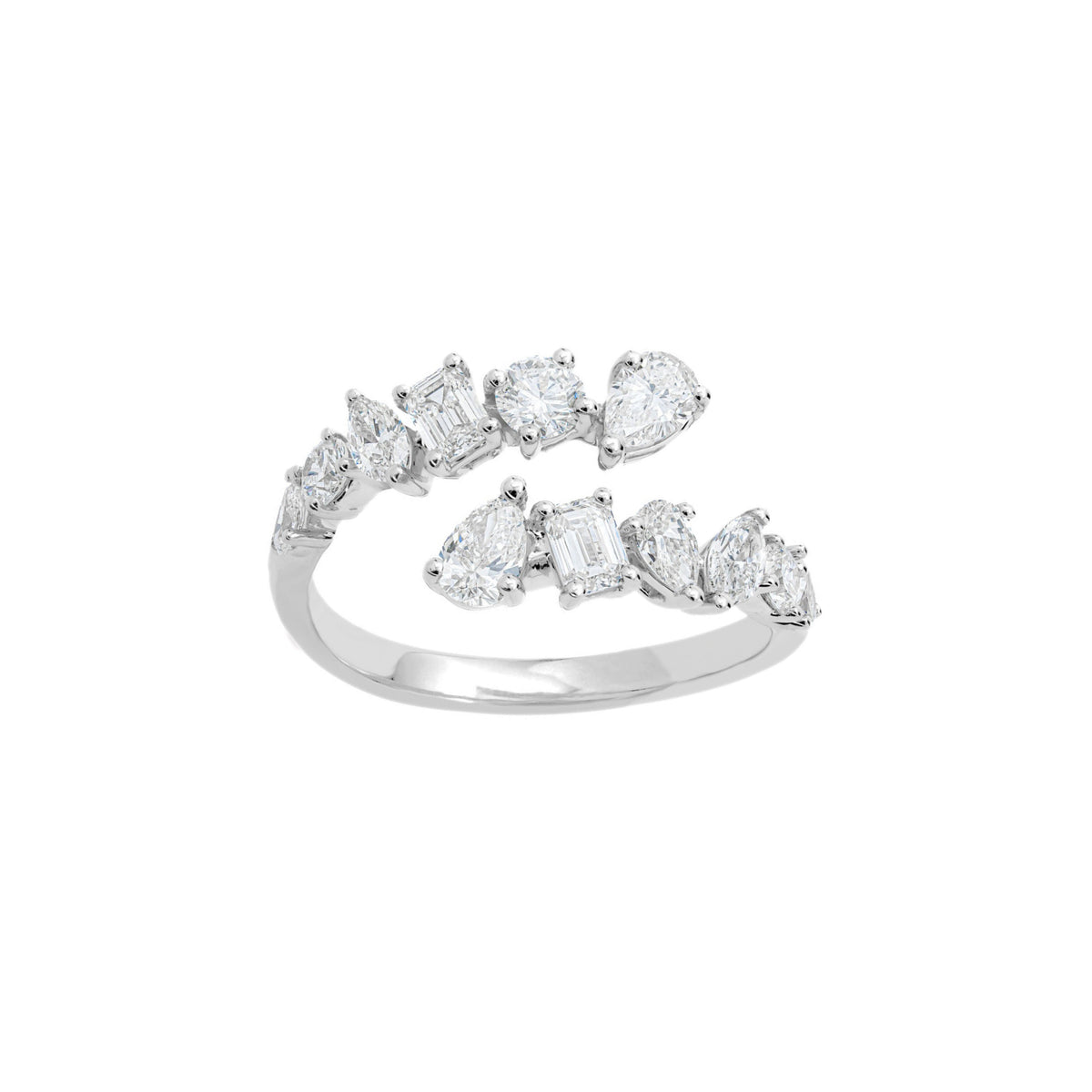 18k White Gold Pear, Emerald, Round, and Marquise Diamond Bypass Ring