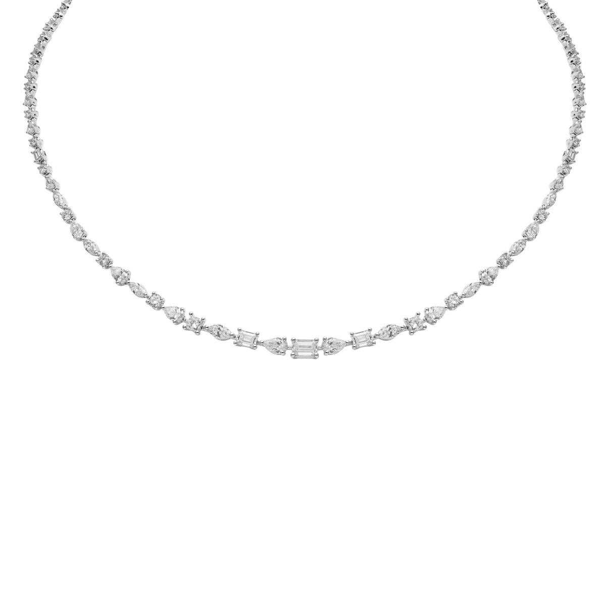 18k White Gold Pear, Emerald, Round, and Marquise Diamond Necklace
