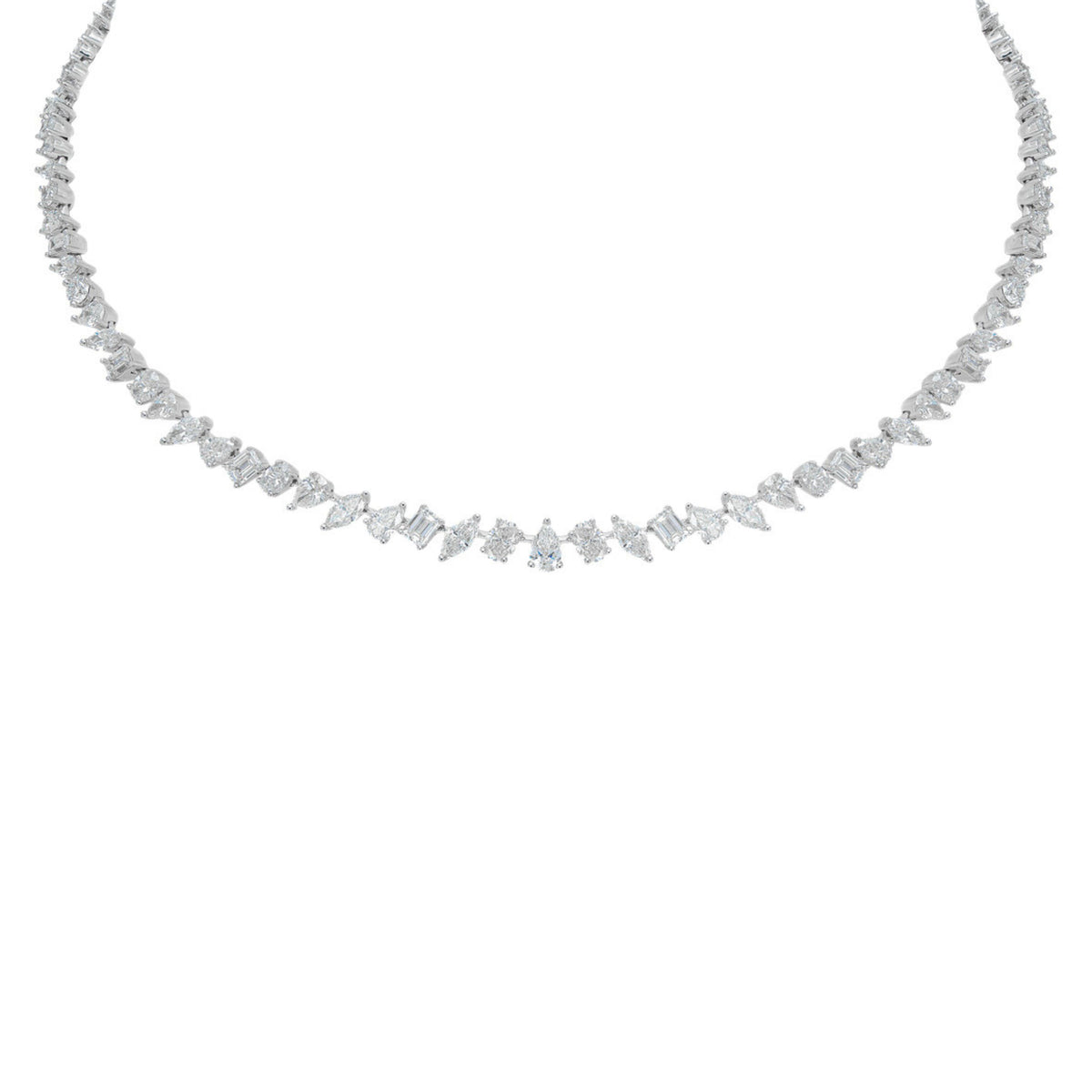 18k White Gold Pear, Emerald, Marquise, Round, and Oval Diamond Necklace