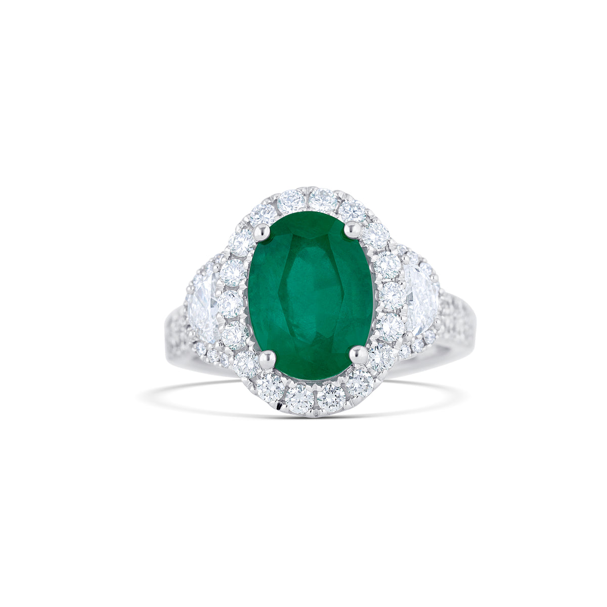 18k White Gold 3.04CT Oval Emerald and Diamond Three Stone Halo Ring