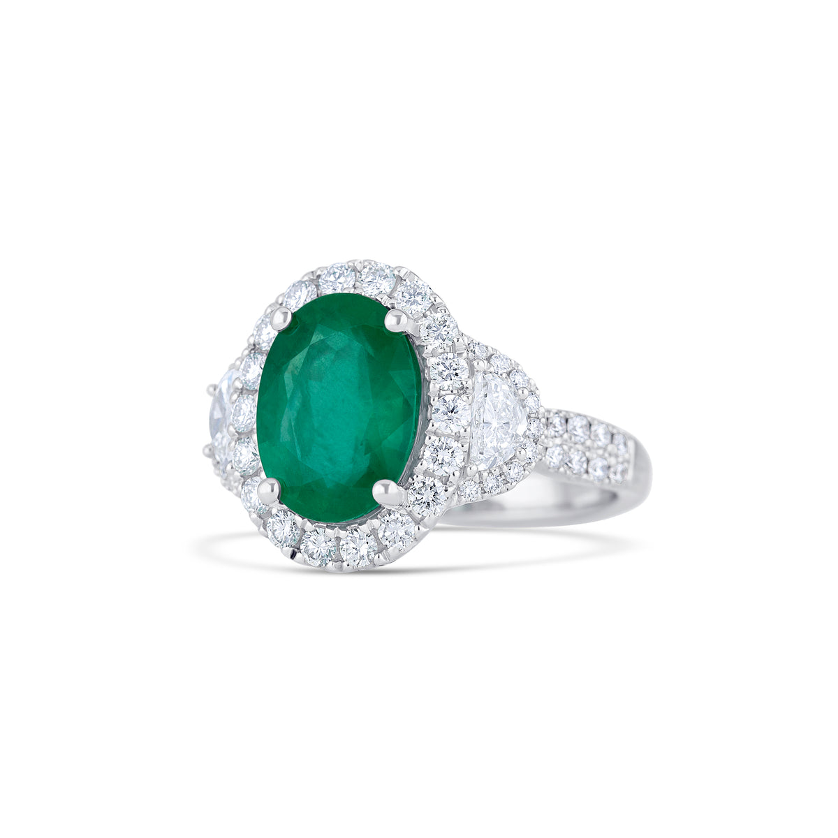 18k White Gold 3.04CT Oval Emerald and Diamond Three Stone Halo Ring