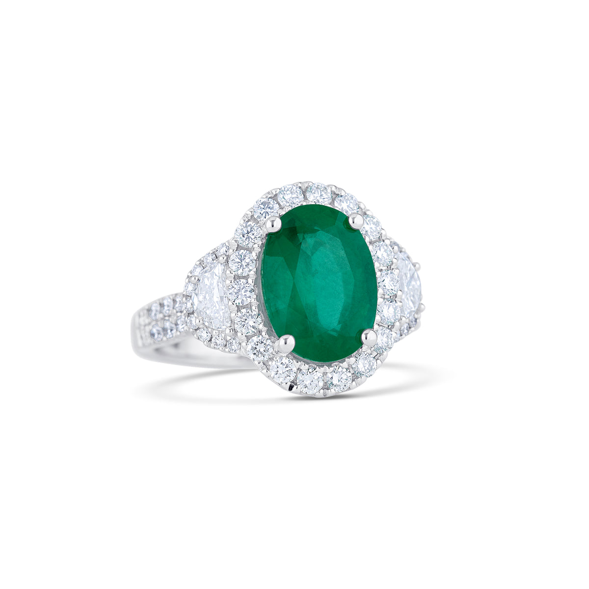 18k White Gold 3.04CT Oval Emerald and Diamond Three Stone Halo Ring