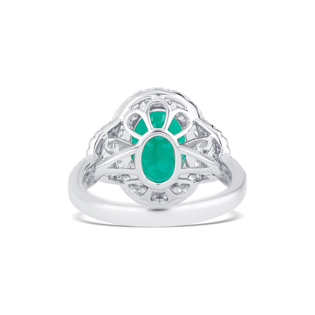 18k White Gold 3.04CT Oval Emerald and Diamond Three Stone Halo Ring