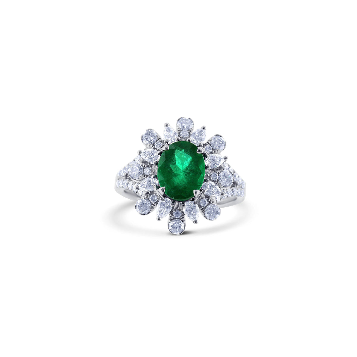 18k White Gold 1.65CT Oval Emerald and Diamond Cluster Halo Ring
