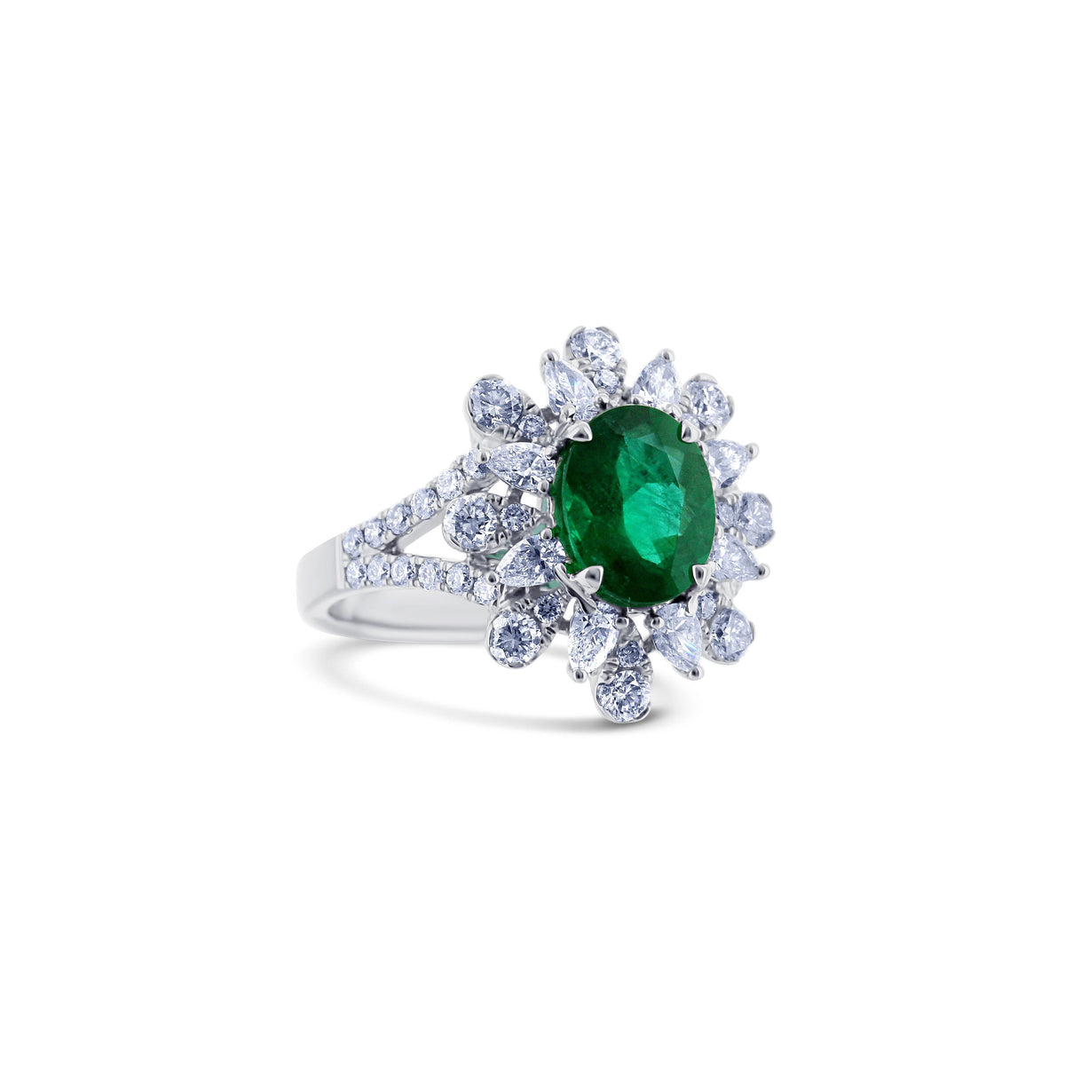 18k White Gold 1.65CT Oval Emerald and Diamond Cluster Halo Ring