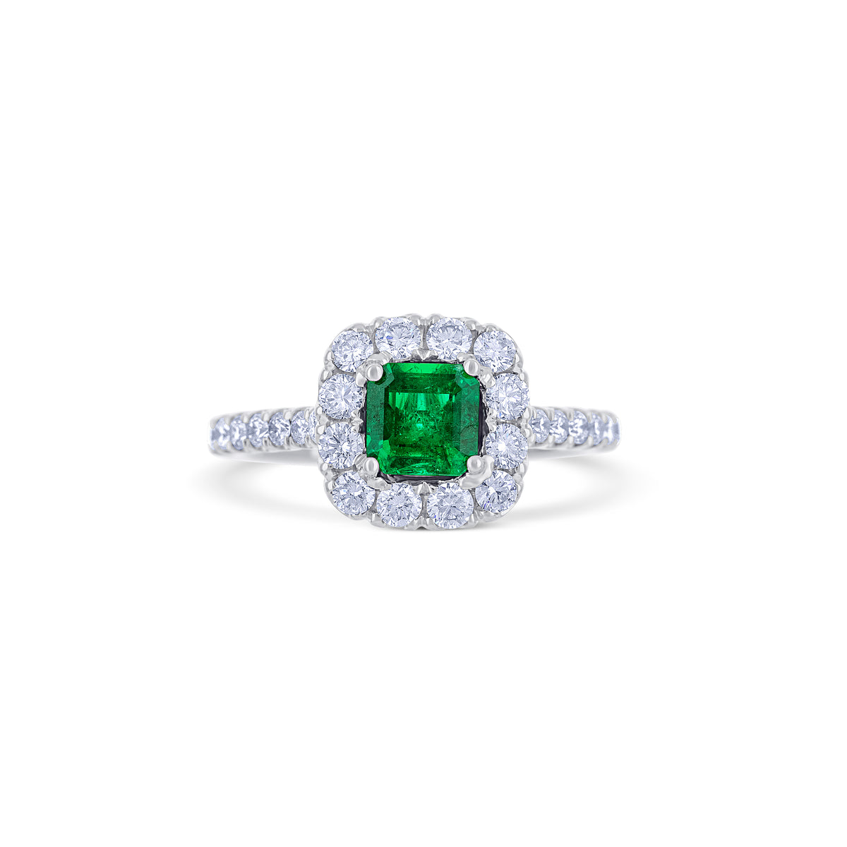 18k White Gold 0.75CT Asscher Emerald and Diamond Halo Ring