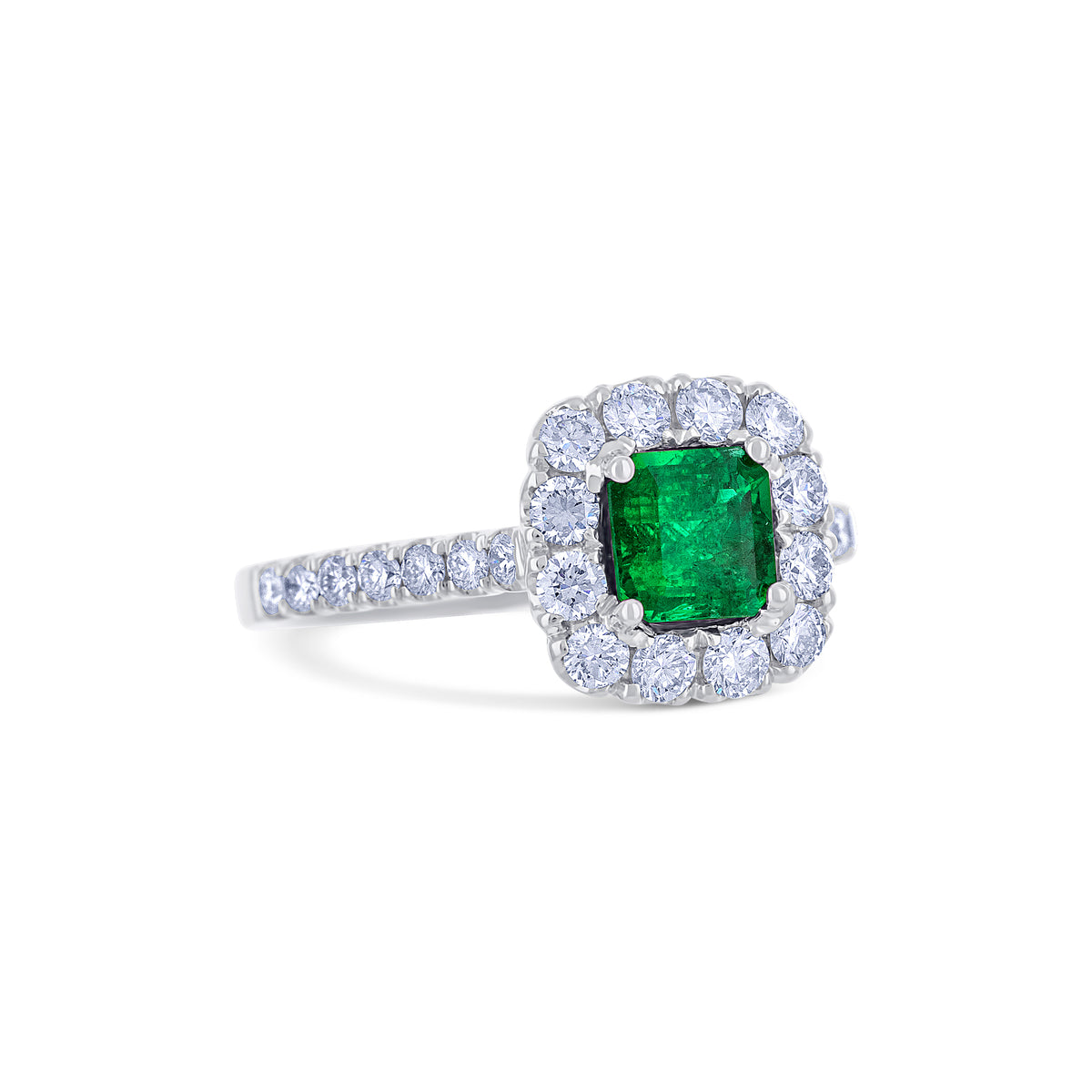 18k White Gold 0.75CT Asscher Emerald and Diamond Halo Ring