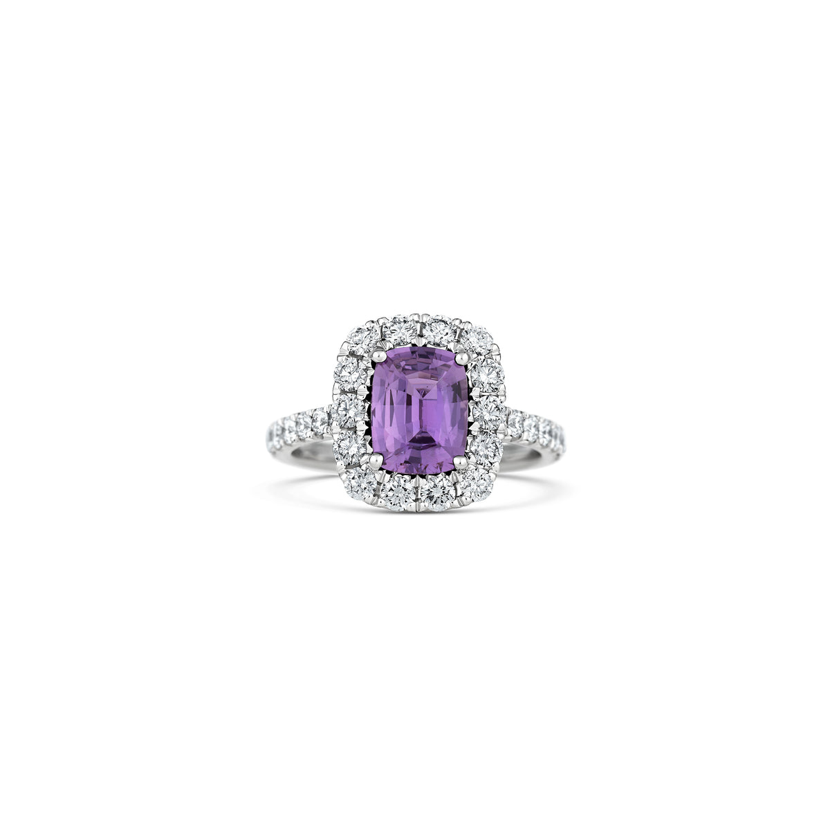 18k White Gold 1.87ct Cushion Purple Sapphire and Diamond Halo Ring