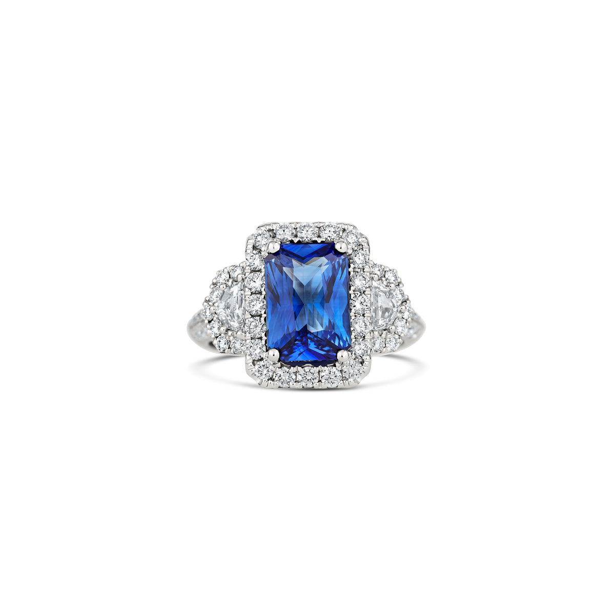 18k White Gold 6.05ct Cushion Sapphire and Diamond Halo Ring