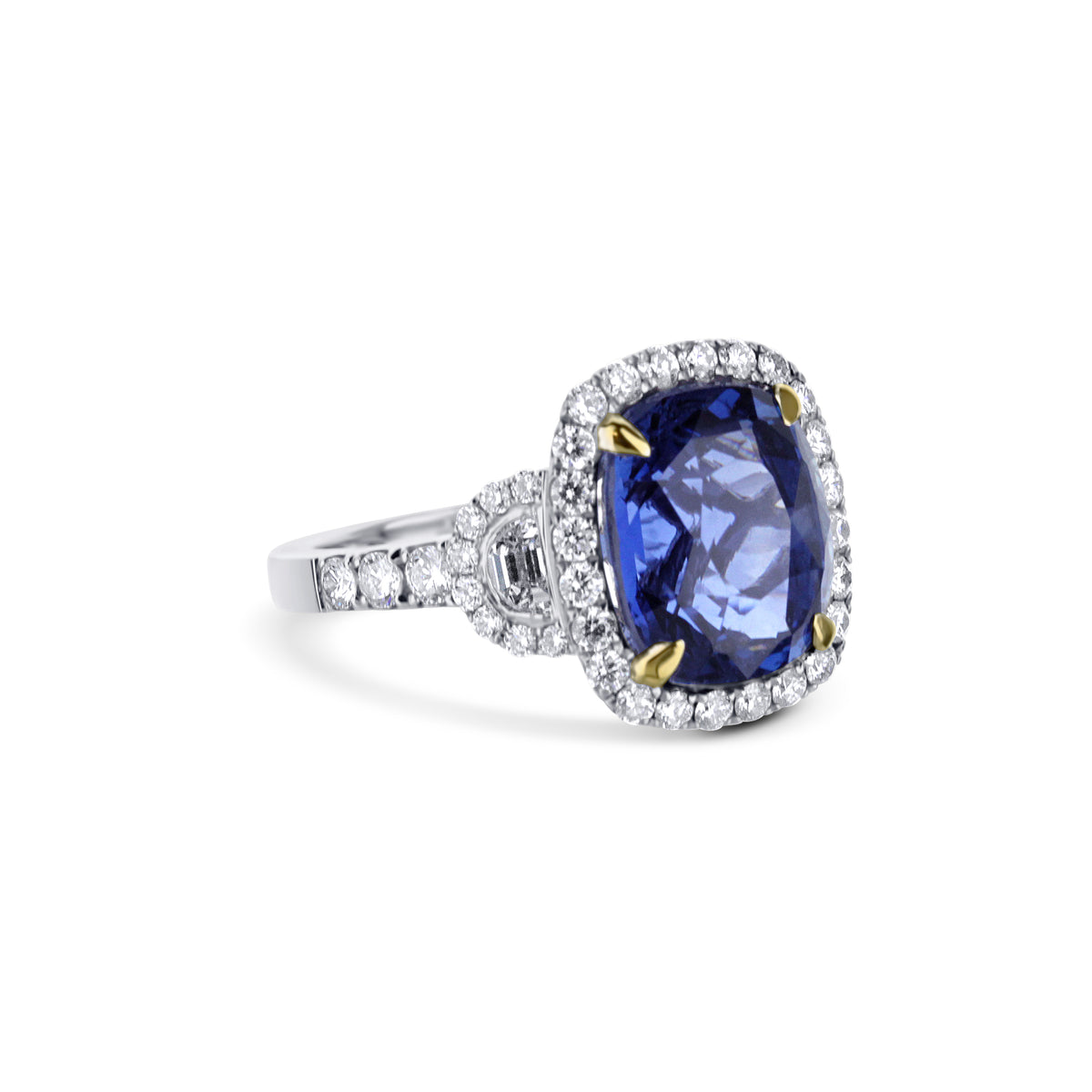 18k White Gold and 18k Yellow Gold 7.58CT Cushion Sapphire and Diamond Three Stone Halo Ring