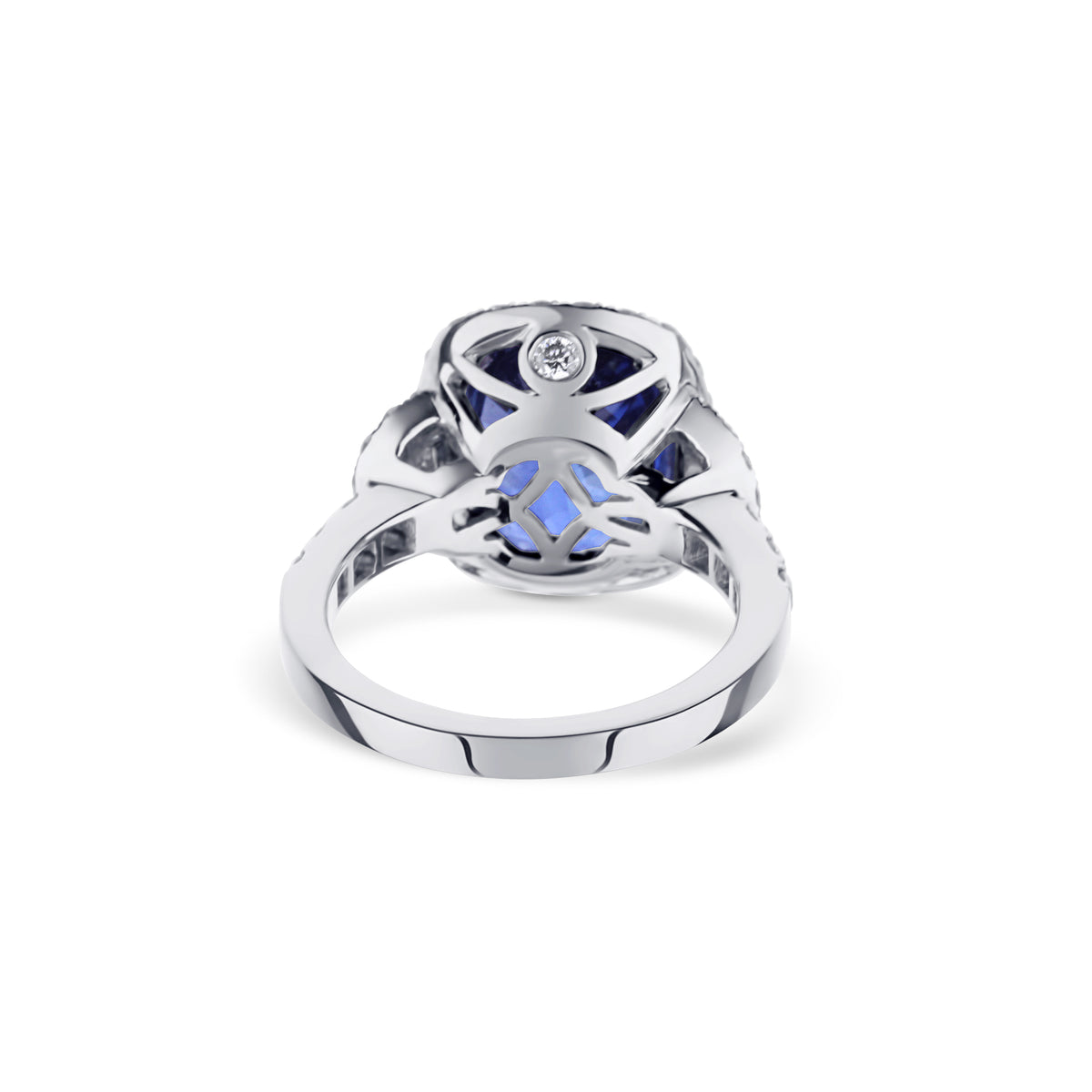 18k White Gold and 18k Yellow Gold 7.58CT Cushion Sapphire and Diamond Three Stone Halo Ring