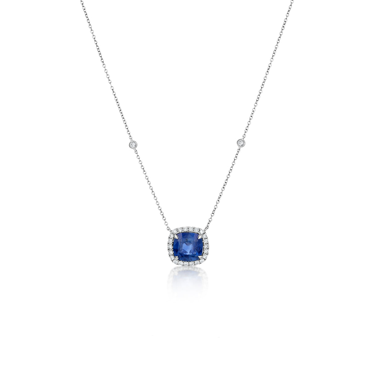 18k White Gold 6.18ct Cushion Sapphire and Diamond Halo by the Yard Necklace