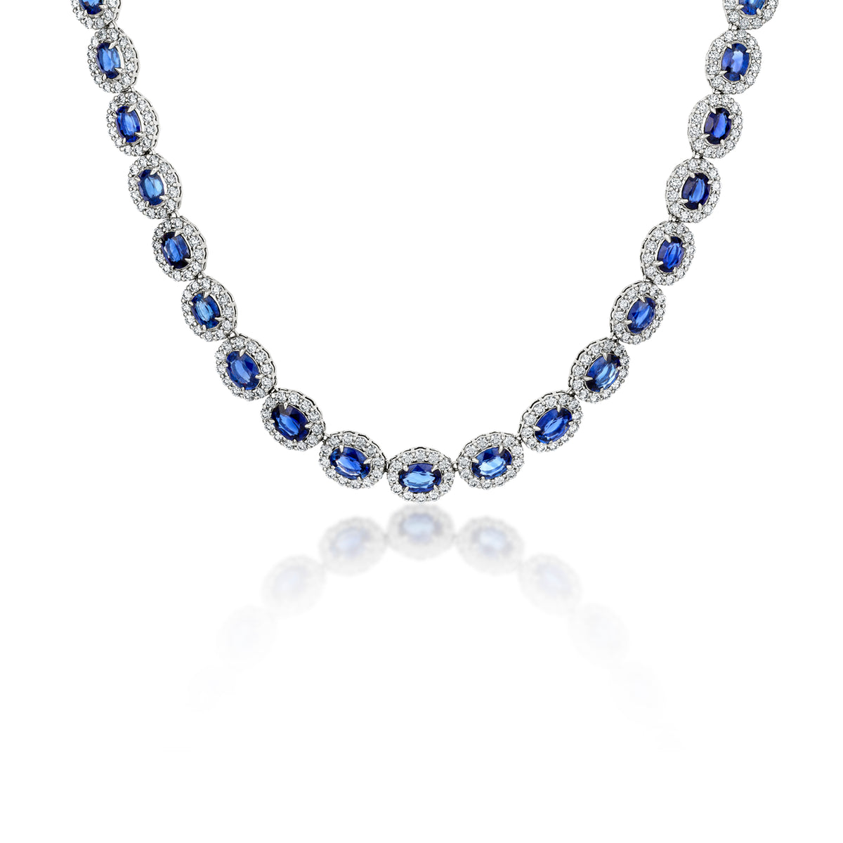 Platinum Oval Sapphire and Diamond Halo Necklace