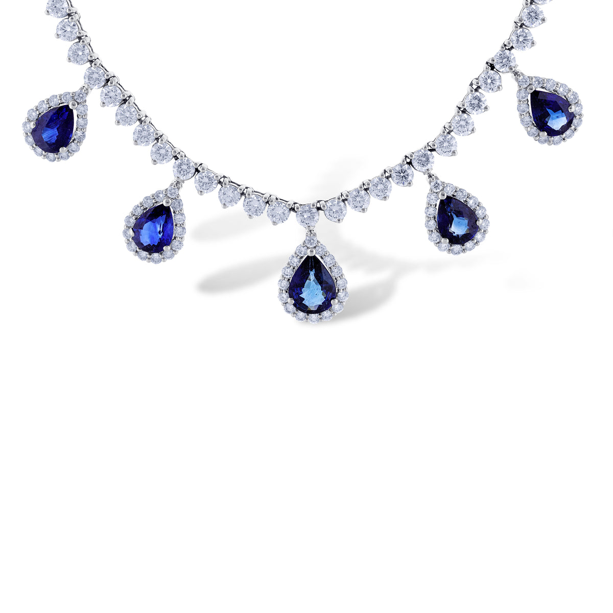 18k White Gold Pear Sapphire and Diamond Halo Dangle Necklace