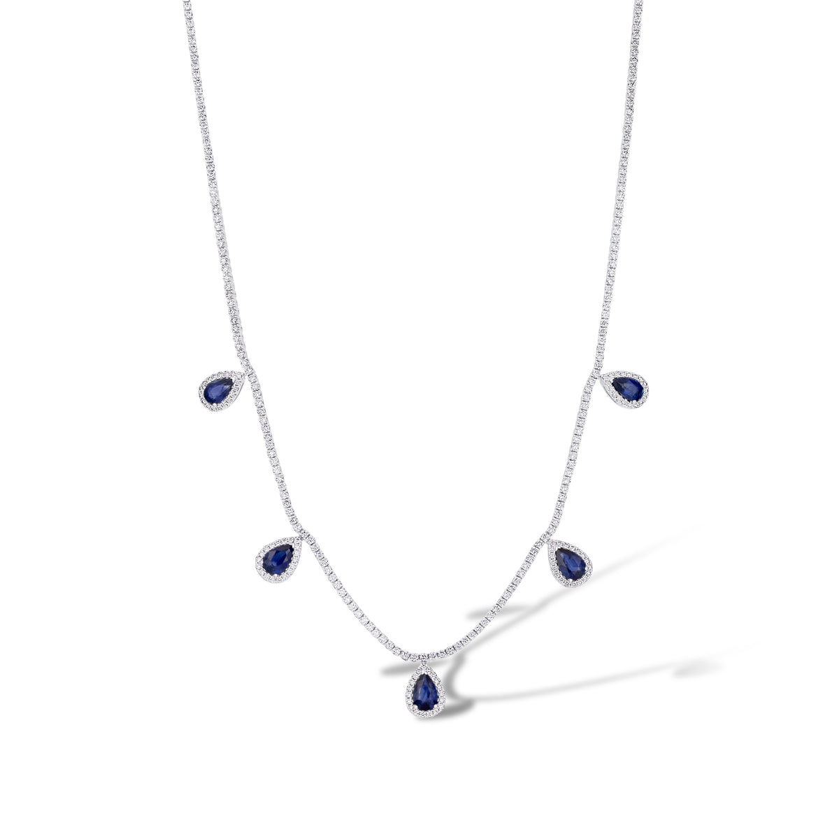 18k White Gold Pear Sapphire and Diamond Halo Dangle Necklace