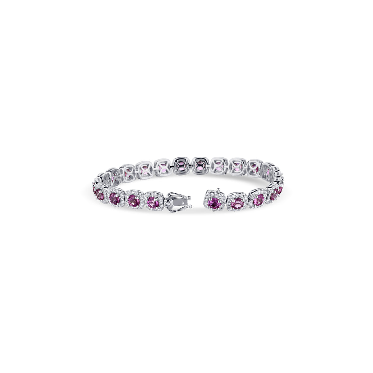 18k White Gold Round Pink Sapphire and Diamond Halo Bracelet
