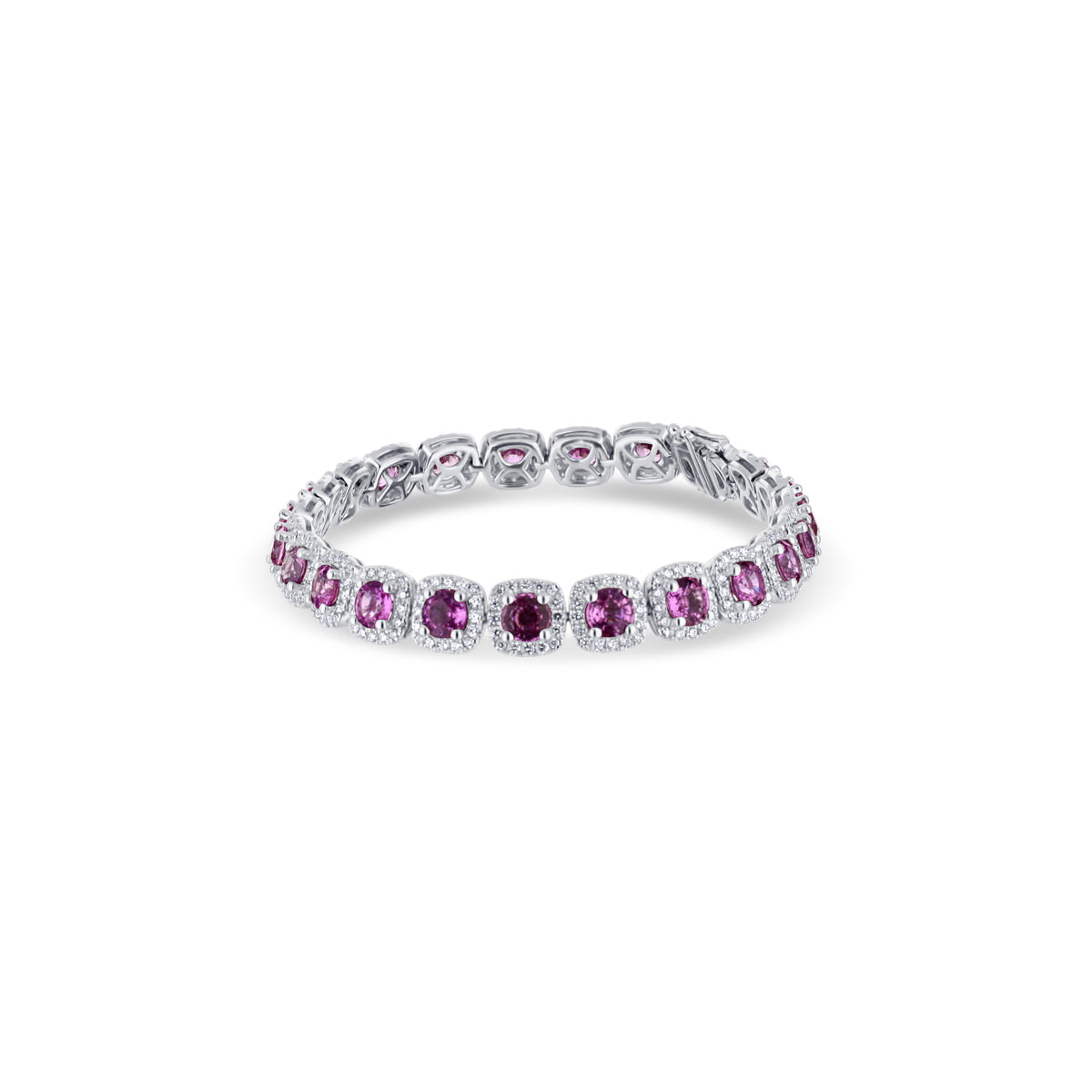 18k White Gold Round Pink Sapphire and Diamond Halo Bracelet