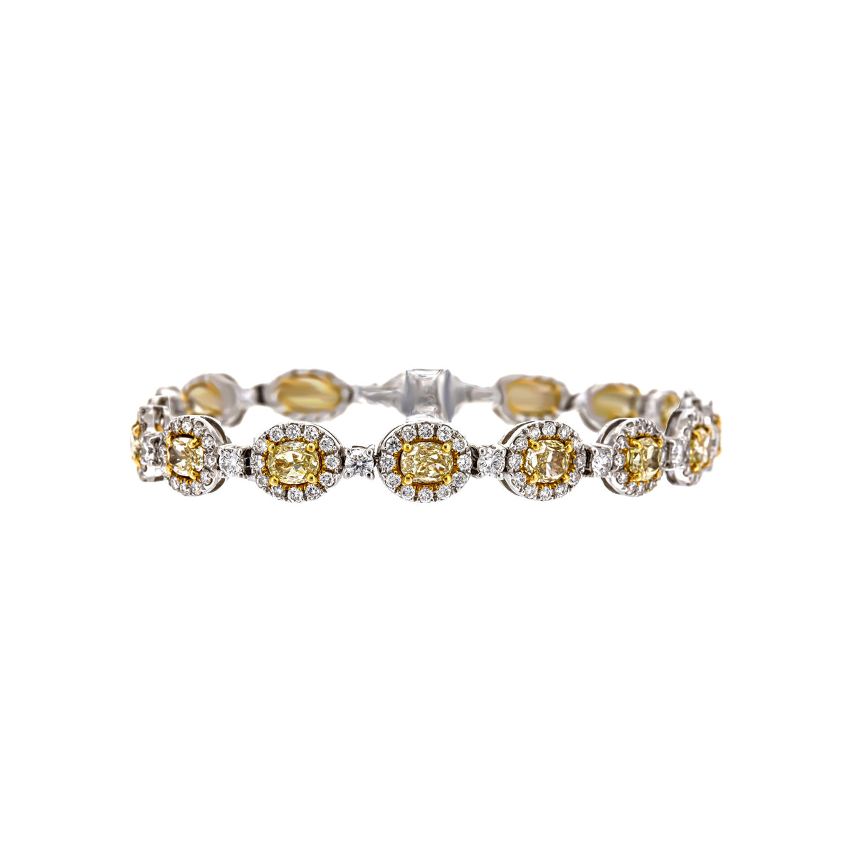 18k White Gold and 18k Yellow Gold Oval Yellow Diamond and Diamond Halo Alternating Bracelet