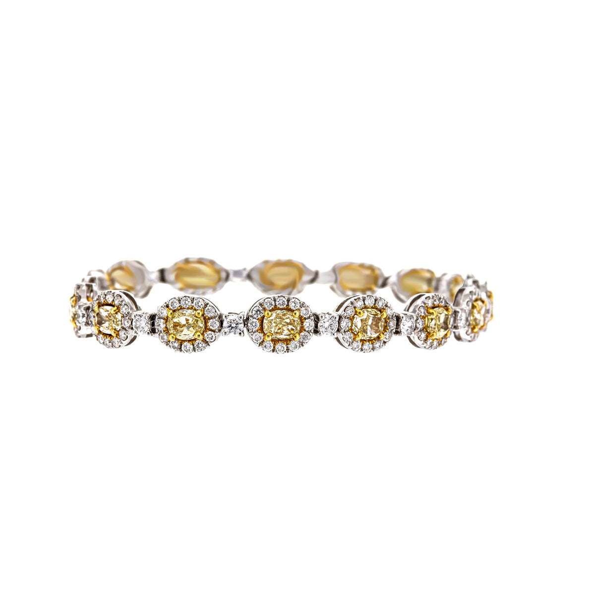 18k White Gold and 18k Yellow Gold Oval Yellow Diamond and Diamond Halo Alternating Bracelet