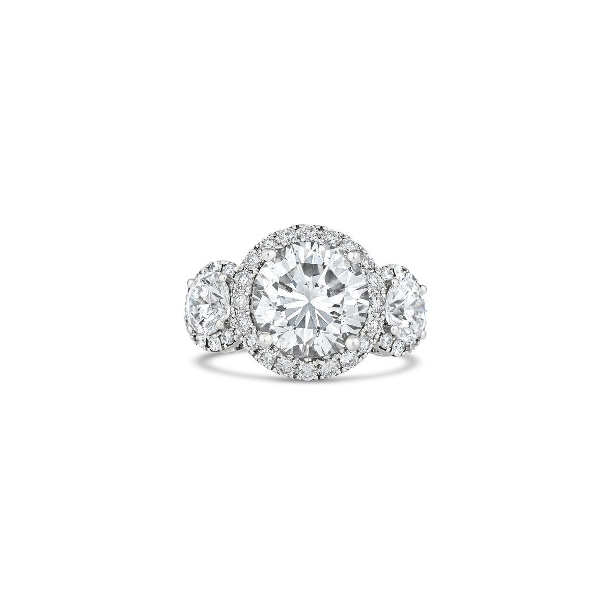Platinum 5.01ct Round Diamond Three Stone Halo Engagement Ring