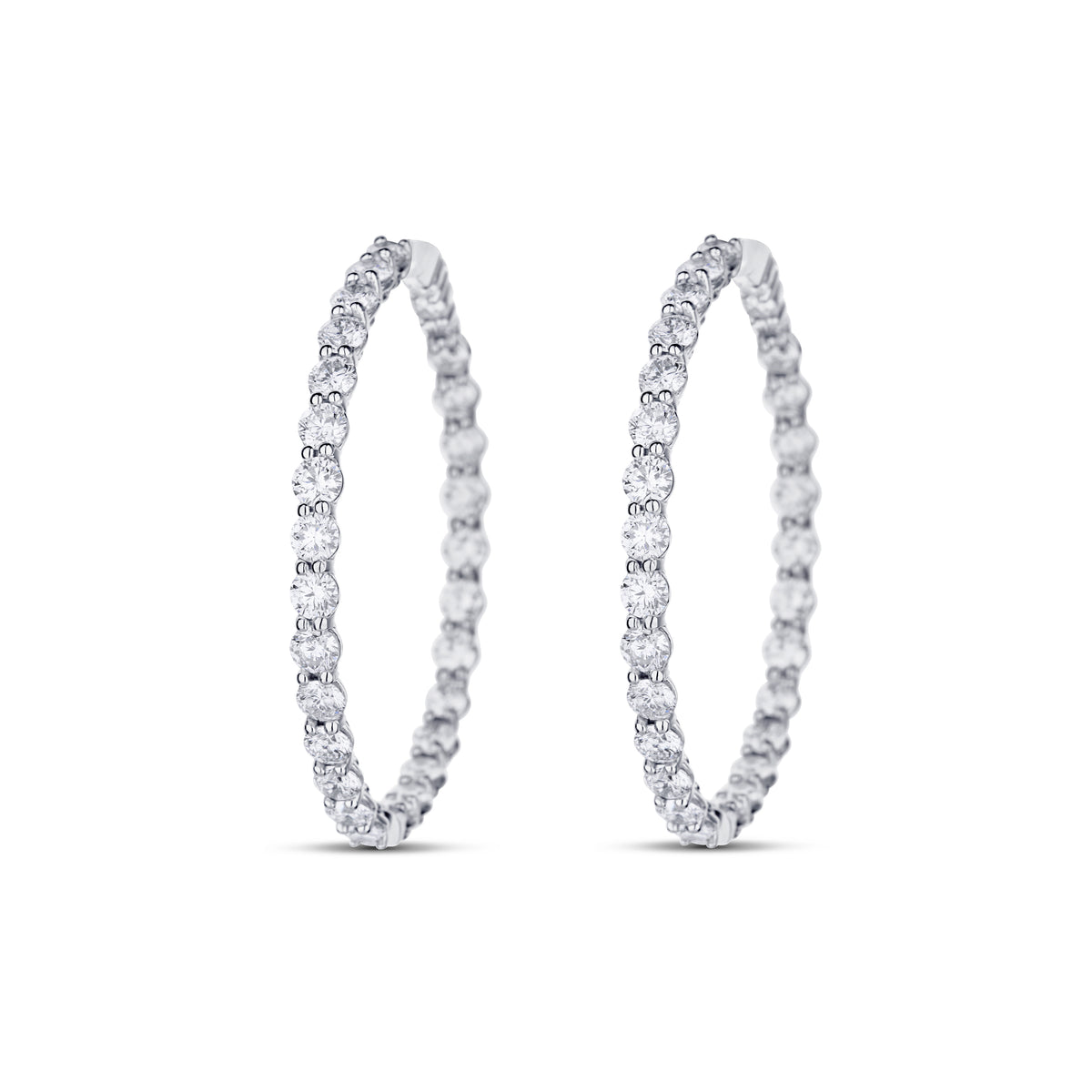 18k White Gold Diamond Inside Outside Shared Prong Hoop Earrings