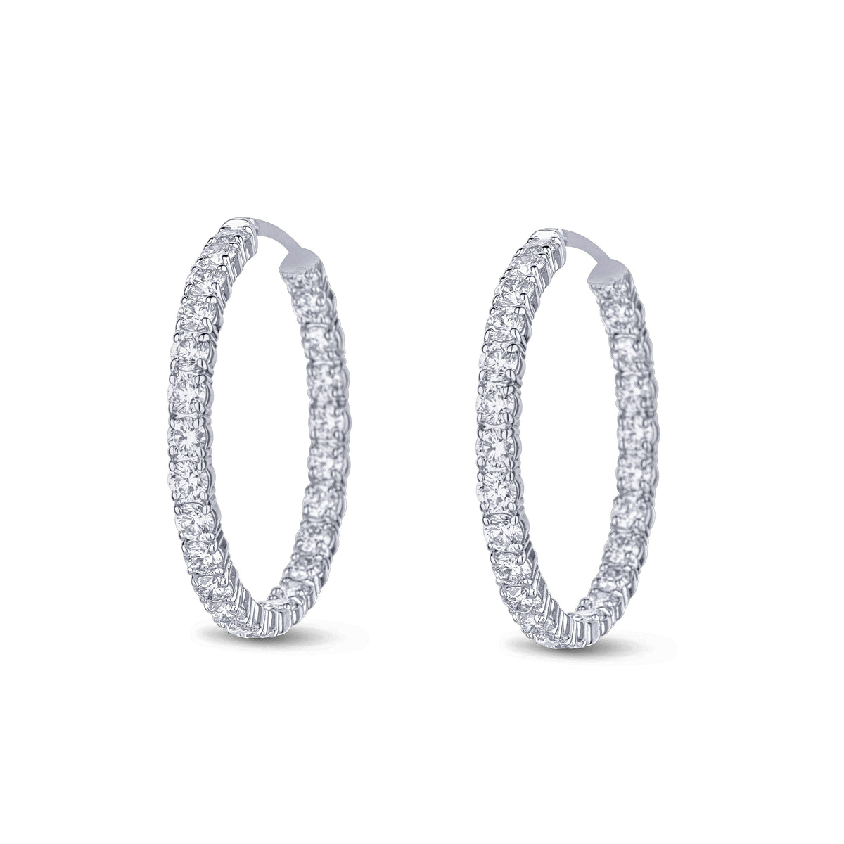 18k White Gold Diamond Inside Outside Shared Prong Hoop Earrings
