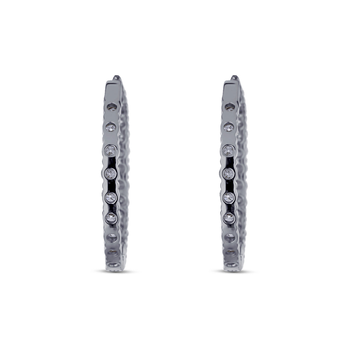 18k White Gold Diamond Inside Outside Shared Prong Hoop Earrings