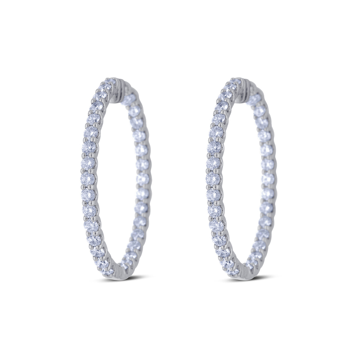 14k White Gold Diamond Inside Outside Shared Prong Hoop Earrings