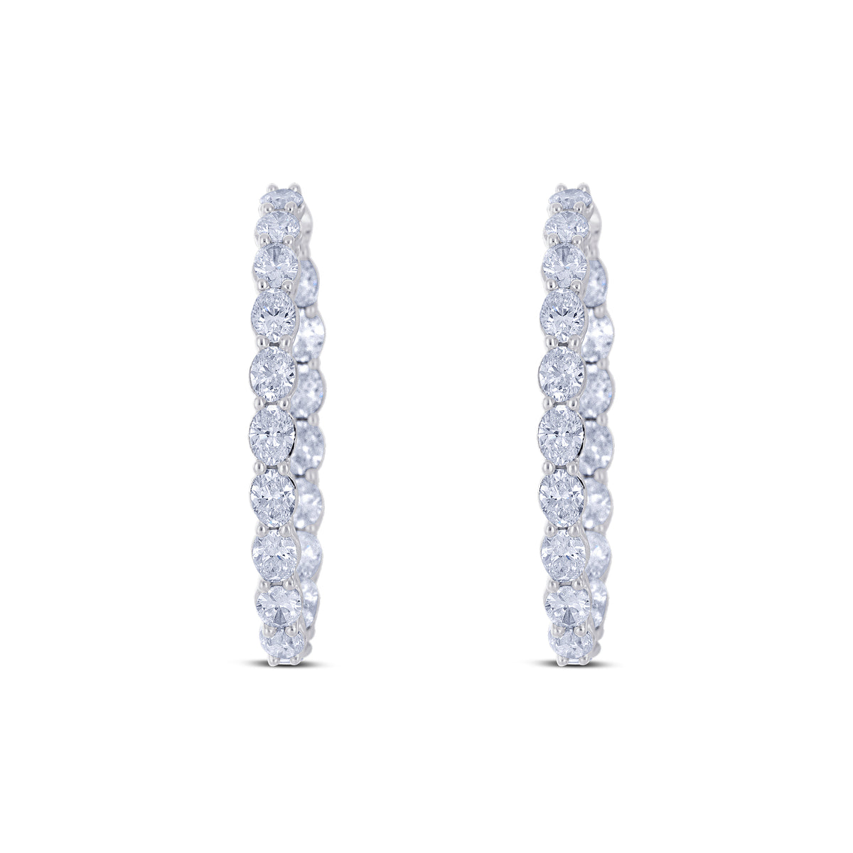 14k White Gold Oval Diamond Inside Outside Shared Prong Hoop Earrings