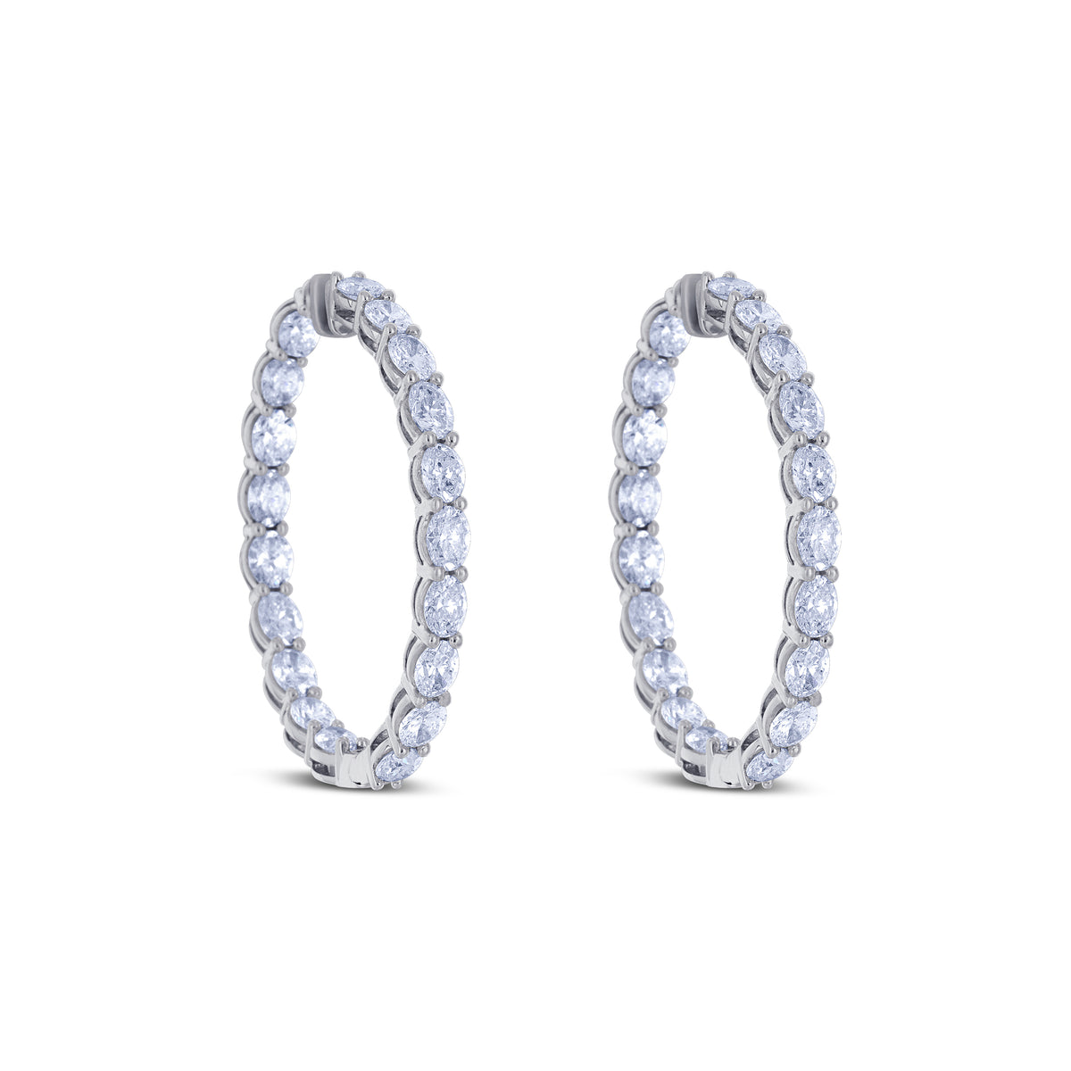 14k White Gold Oval Diamond Inside Outside Shared Prong Hoop Earrings