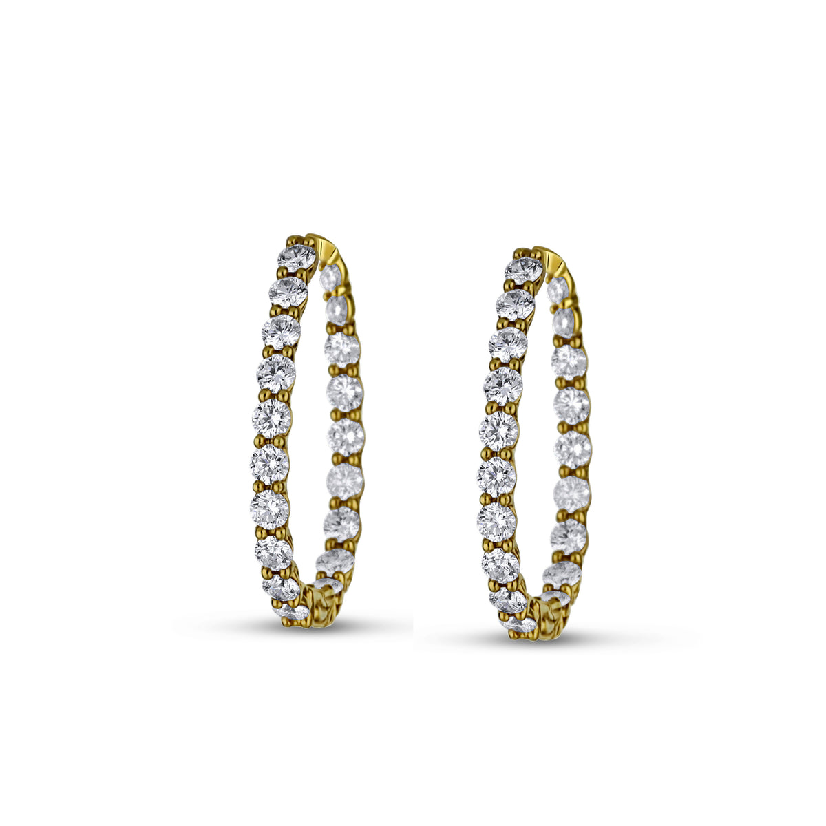 18k Yellow Gold Diamond Inside Outside Shared Prong Hoop Earrings