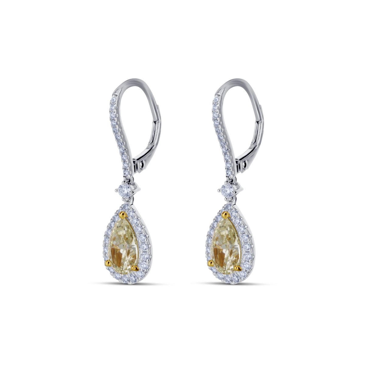 18k White Gold Pear Yellow Diamond Halo Drop Earrings