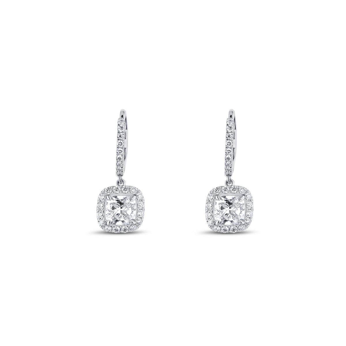 Platinum Cushion Diamond Halo Drop Earrings
