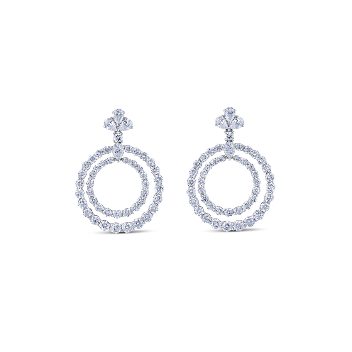 18k White Gold Diamond Double Circle Drop Earrings