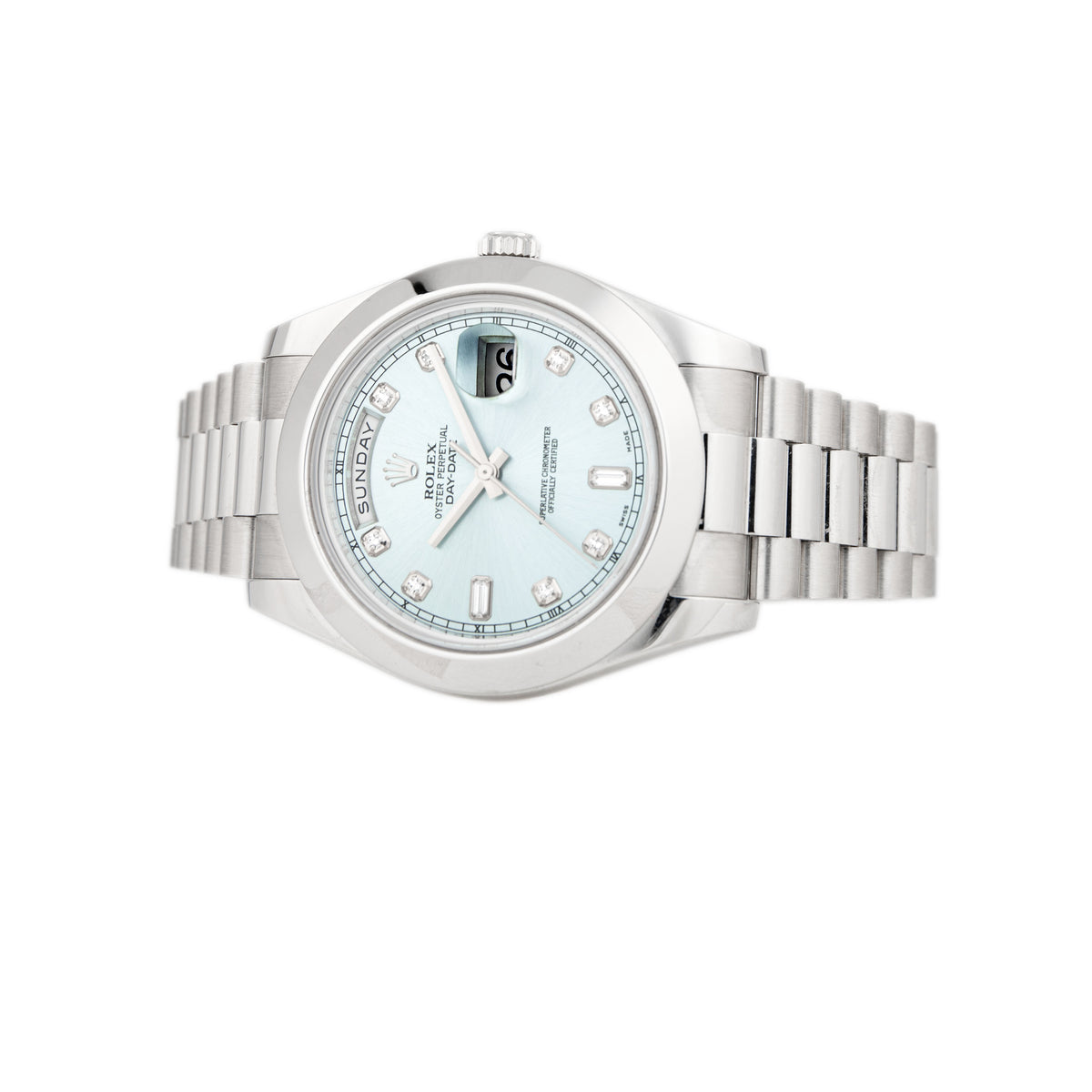 Rolex Day-Date II Platinum President Ice Blue Dial Diamonds 41mm 218206 Full Set