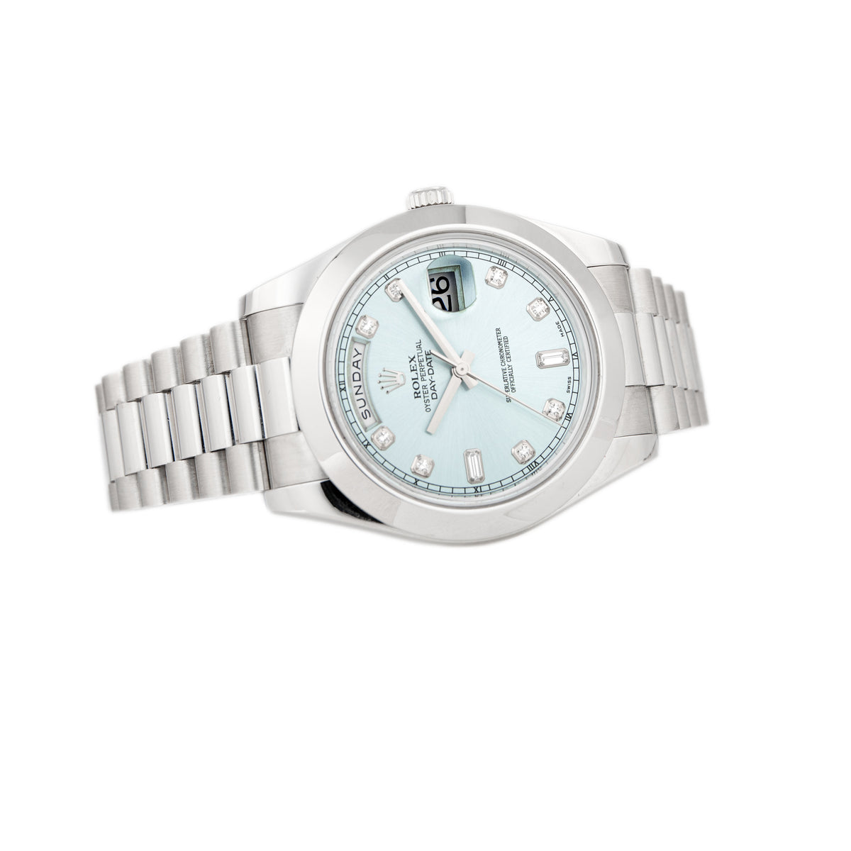 Rolex Day-Date II Platinum President Ice Blue Dial Diamonds 41mm 218206 Full Set