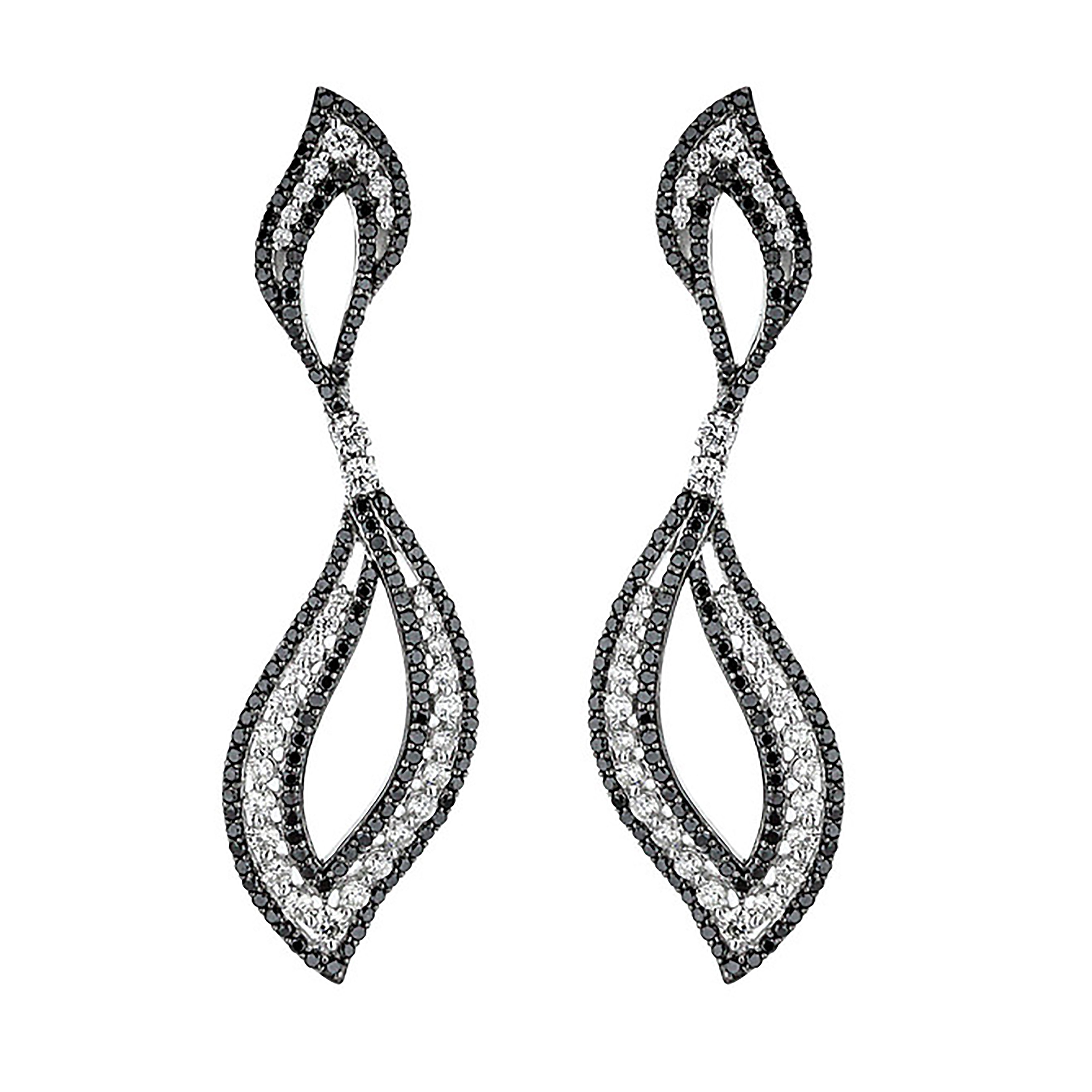 18K White Gold Black & White Diamond Dancing Flame-Drop Earrings