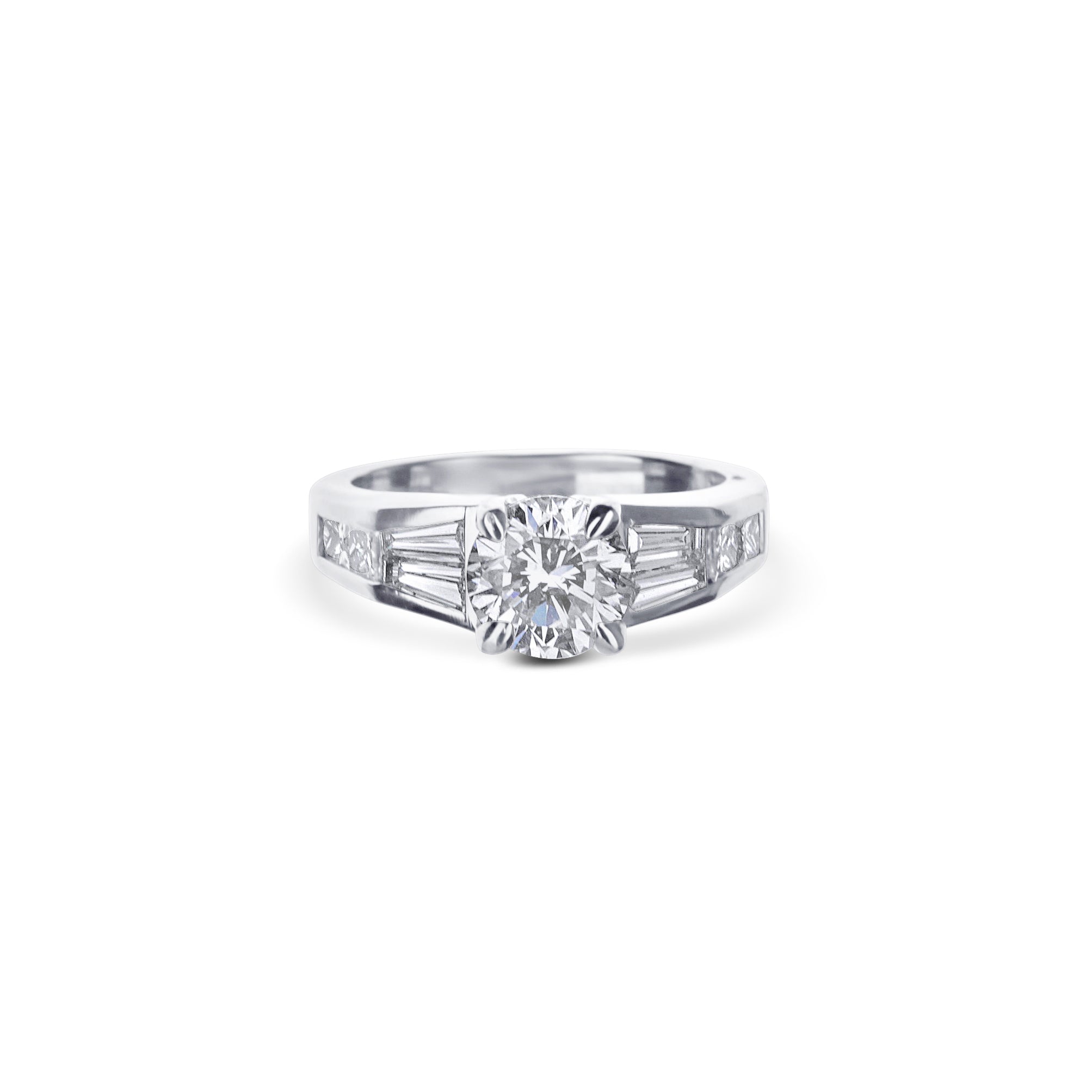 Platinum Round Diamond And Baguette Diamond Engagement Ring