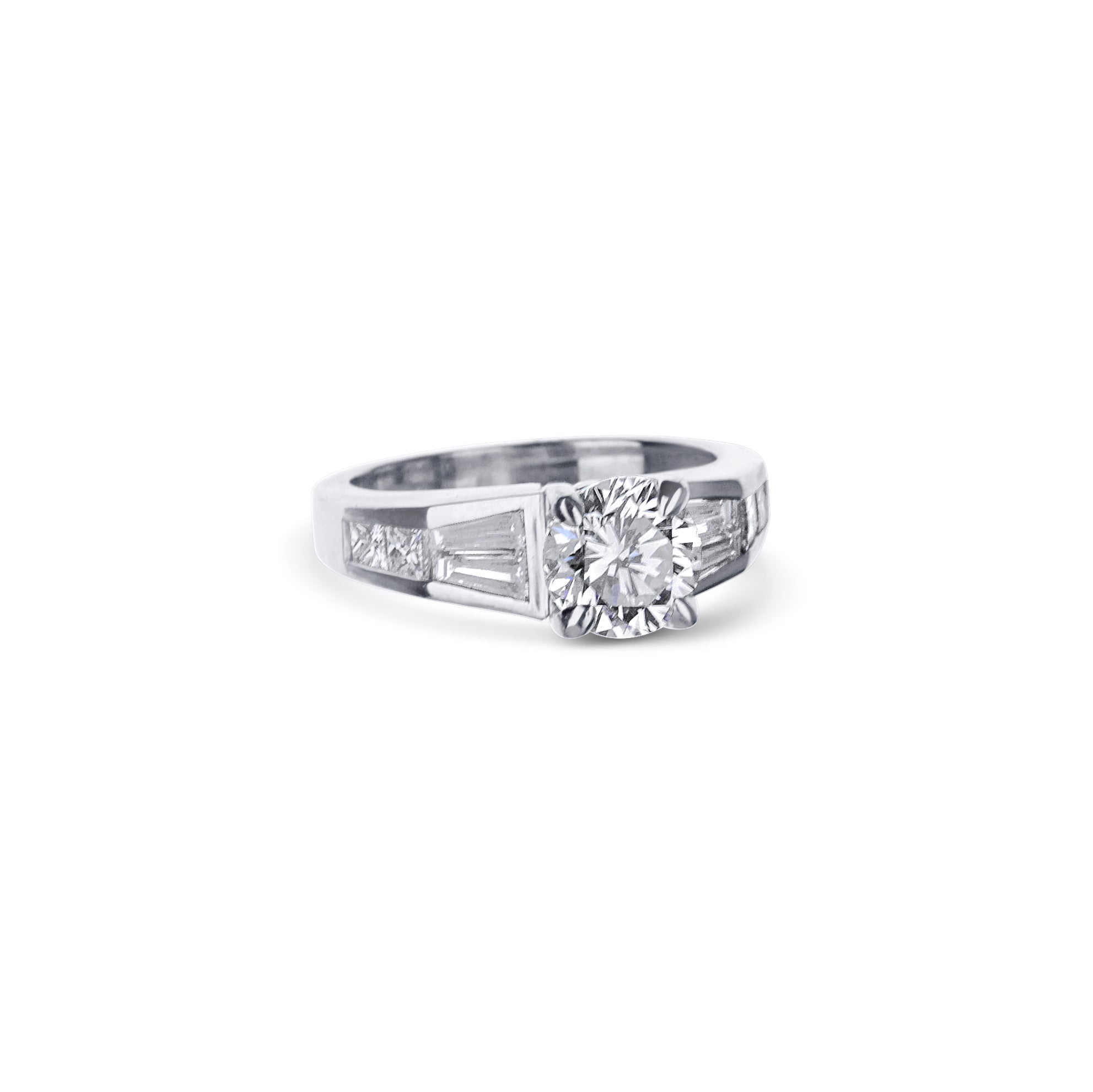 Platinum Round Diamond And Baguette Diamond Engagement Ring