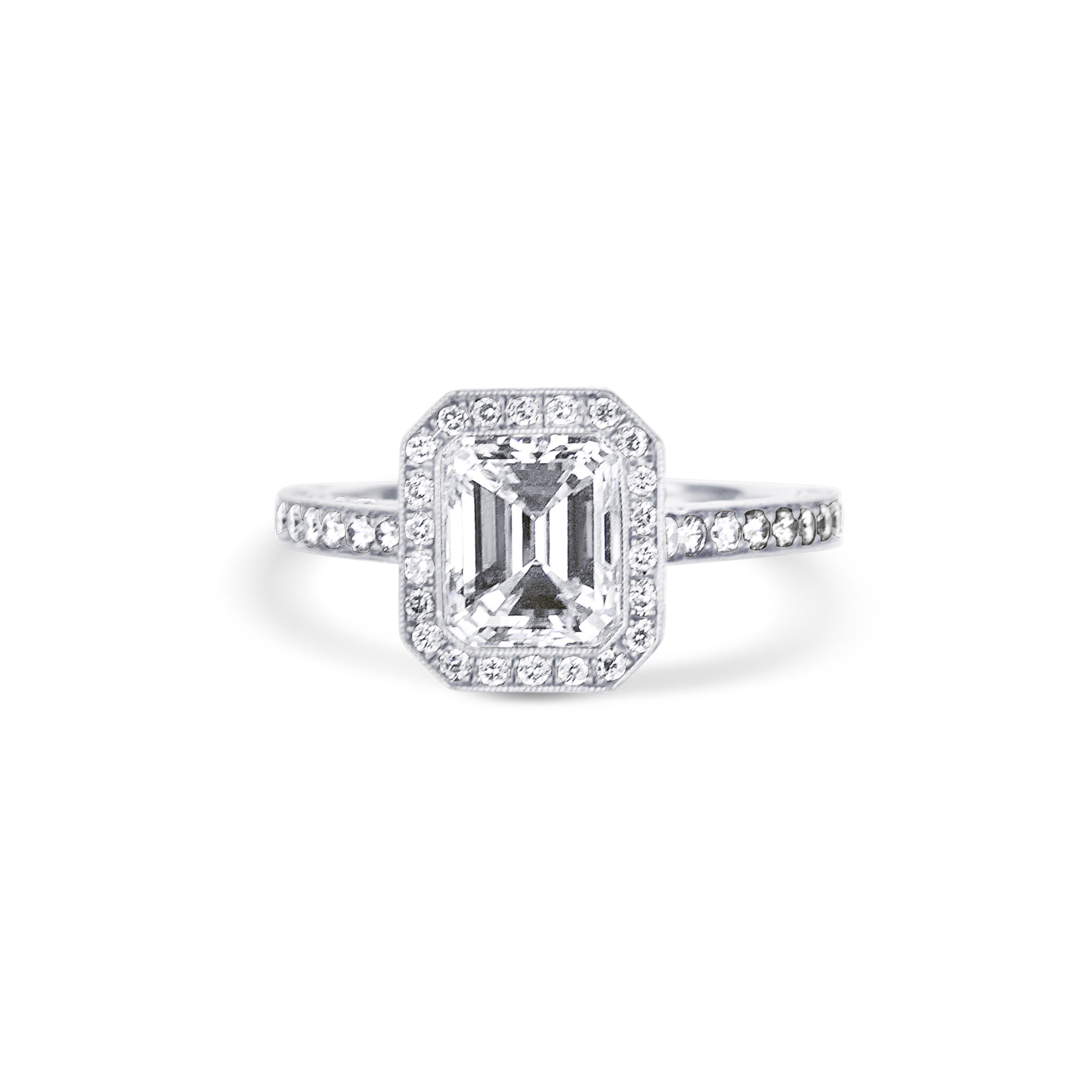Platinum Emerald Cut Diamond Halo Engagement Ring