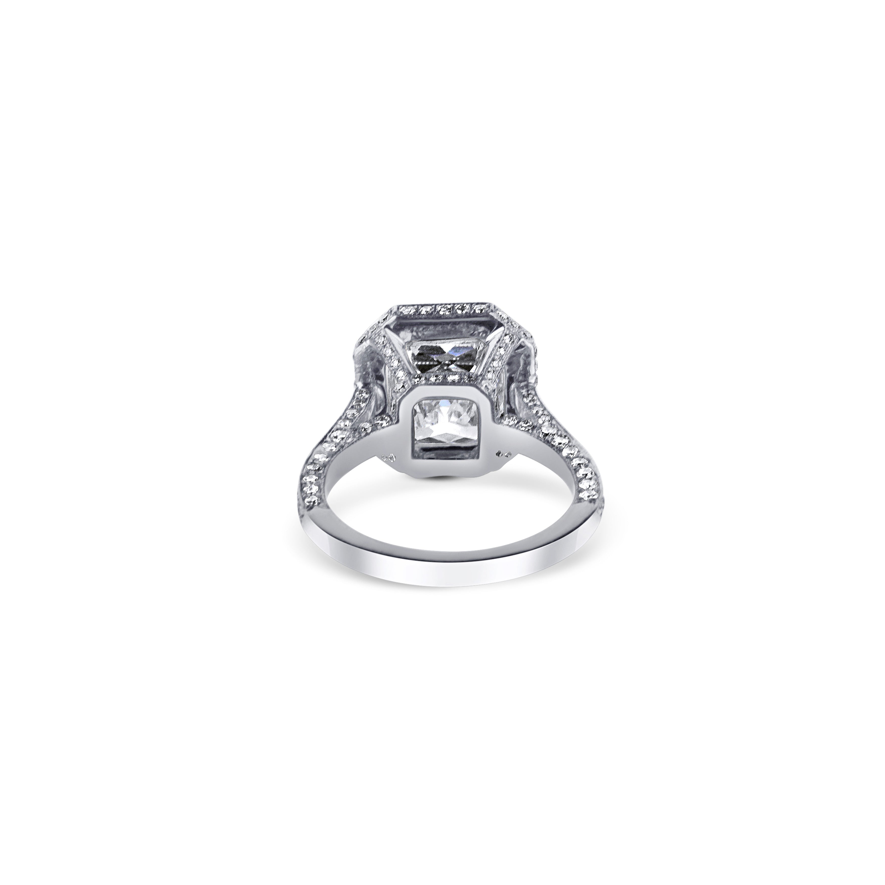 Platinum Cut Cornered Rectangular Brilliant Cut Diamond Halo Engagement Ring
