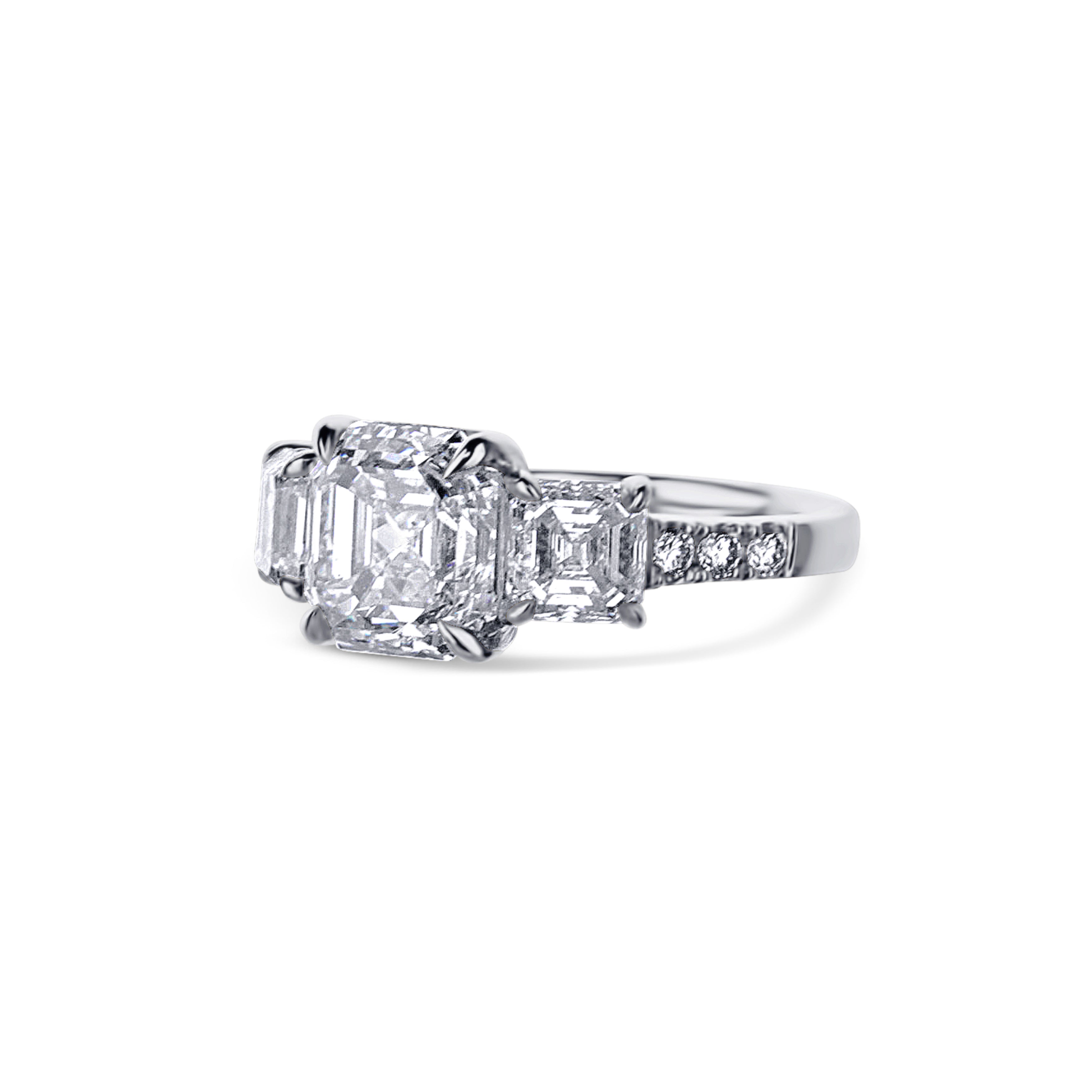 Platinum Three Stone Square Asscher Cut And 2 Accent Asscher Cut Diamond Engagement Ring