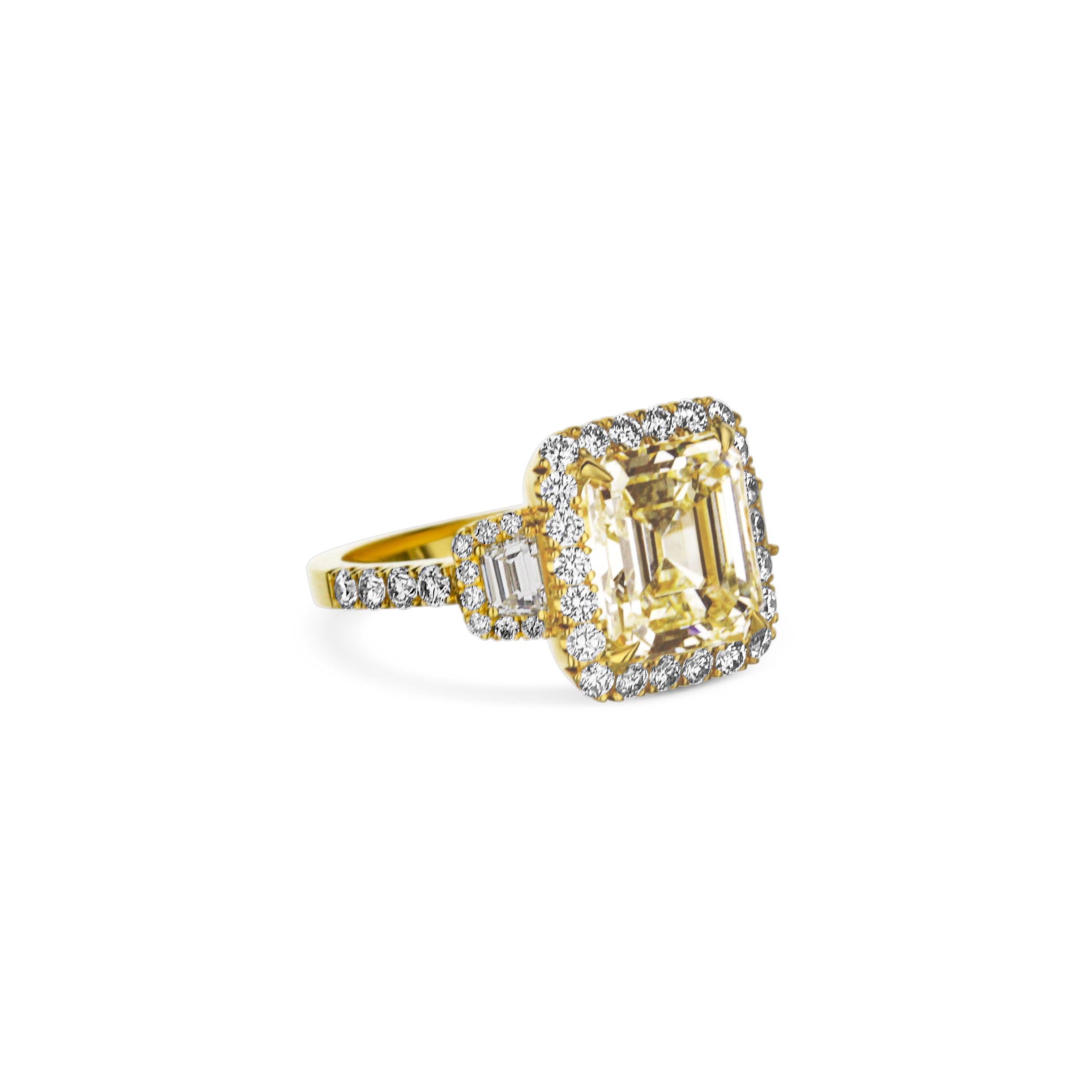 18K Yellow Gold Step Cut Engagement Ring With Cushion Side Stones And Halo