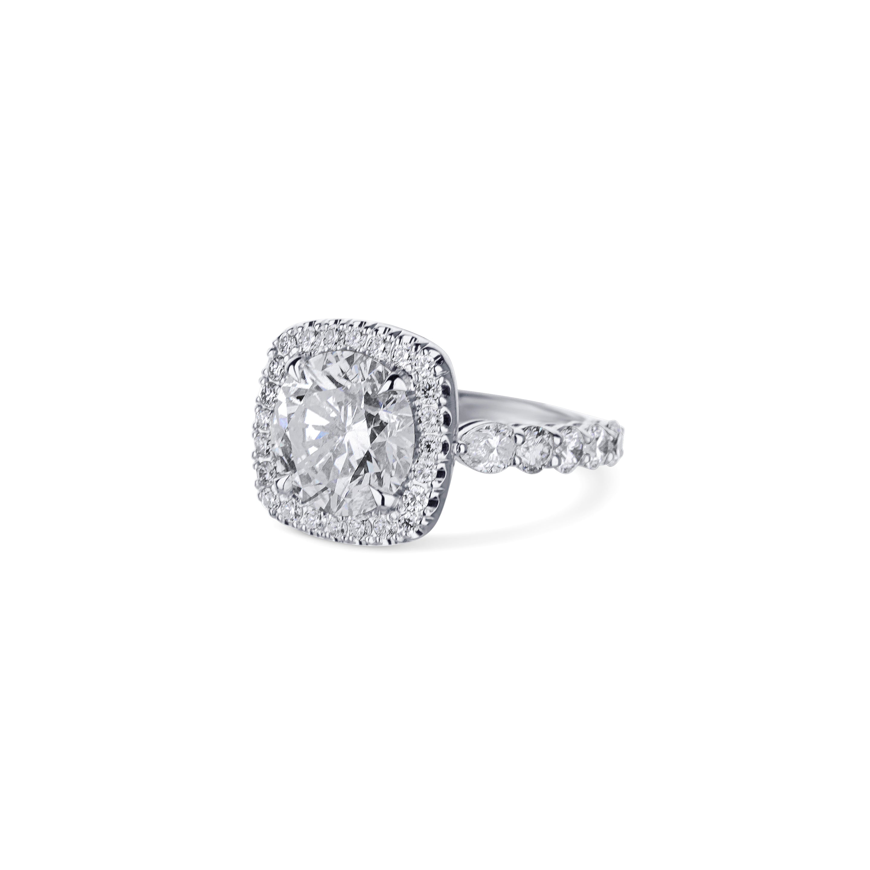 18K White Gold Round Center With 2 Pear Diamonds Engagement Ring With Halo