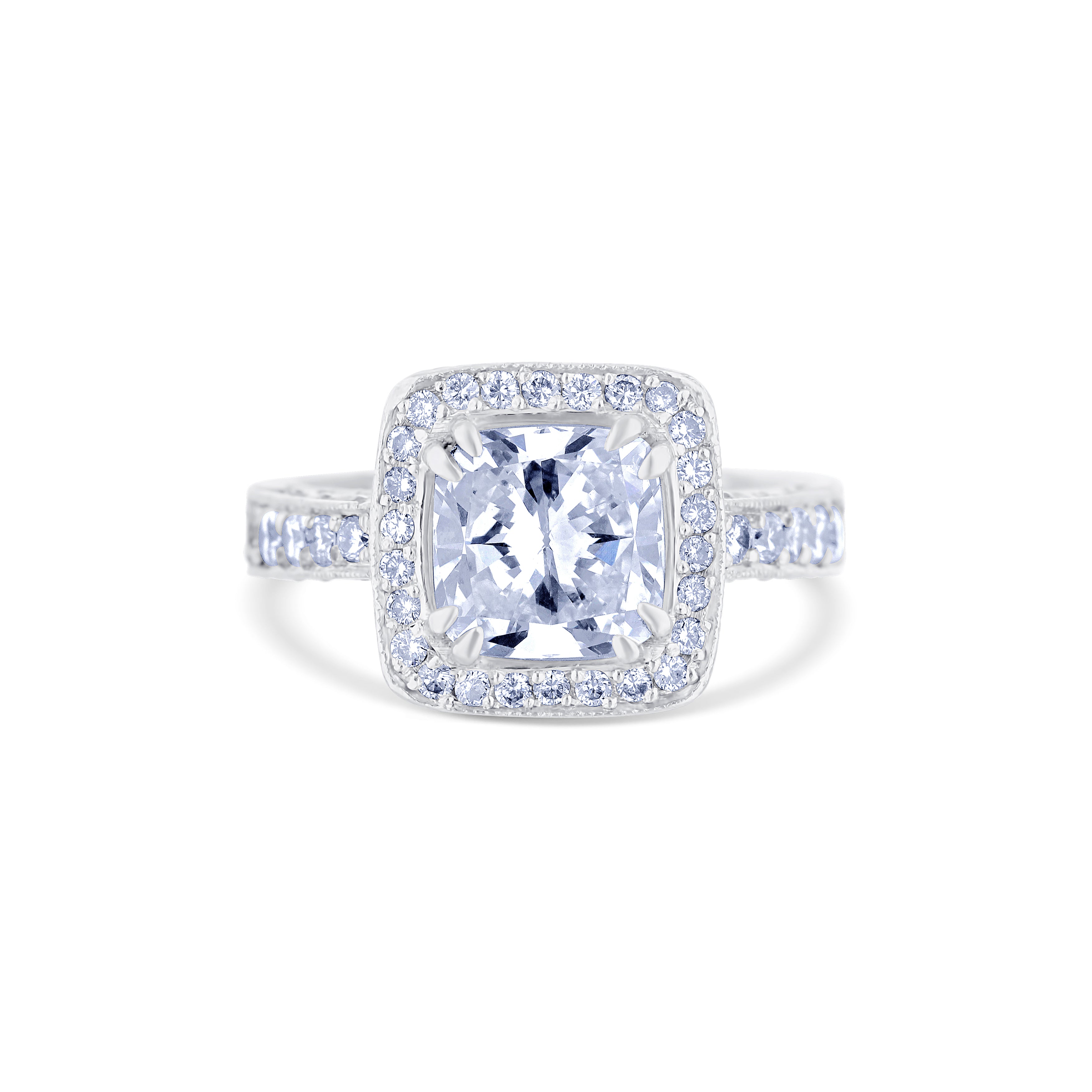 Platinum Handmade Filigree 2.07Ctw Cushion Diamond with Halo Engagement Ring