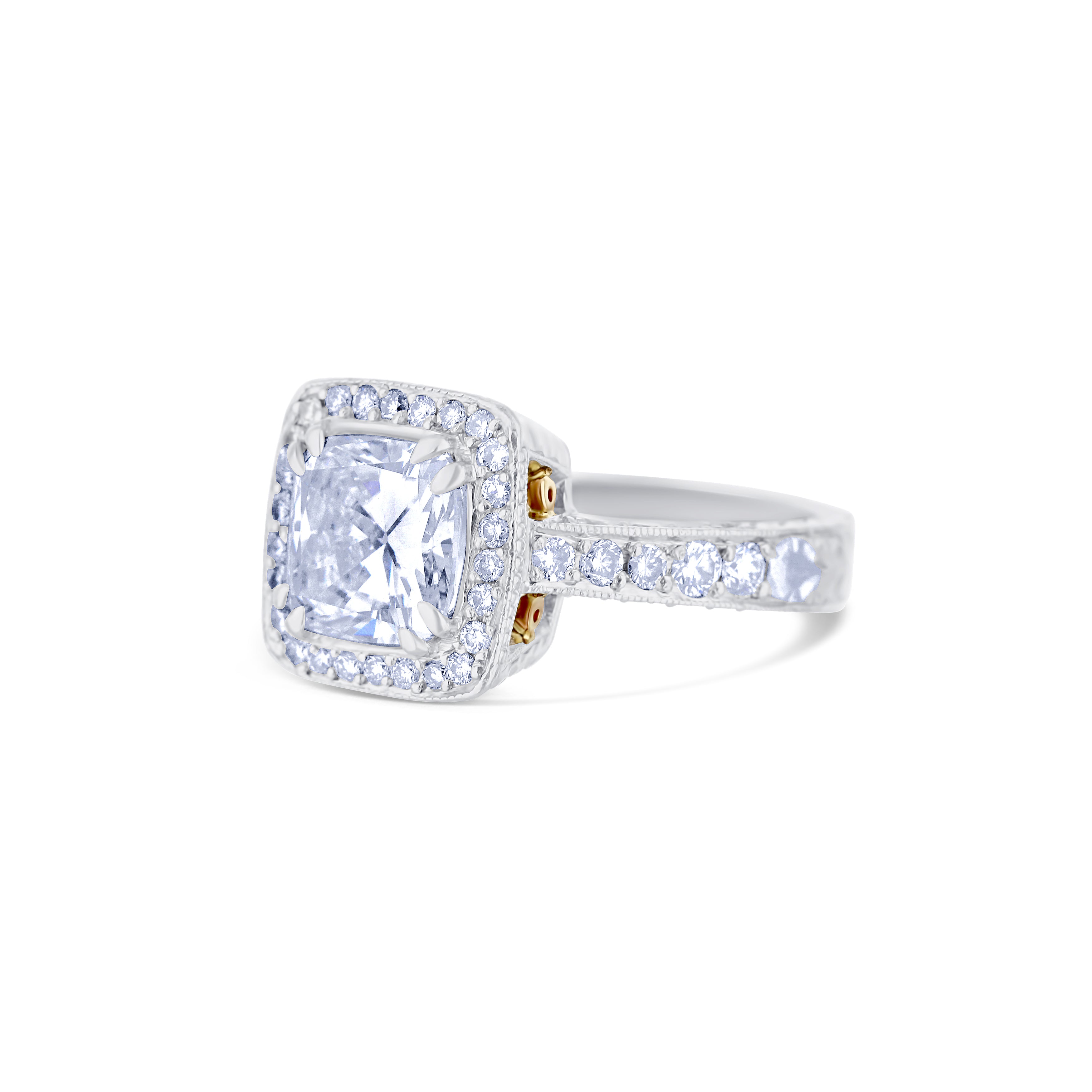 Platinum Handmade Filigree 2.07Ctw Cushion Diamond with Halo Engagement Ring