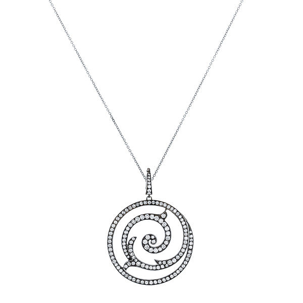 18K White Gold Black Rhodium Swirl Diamond Pendant Necklace
