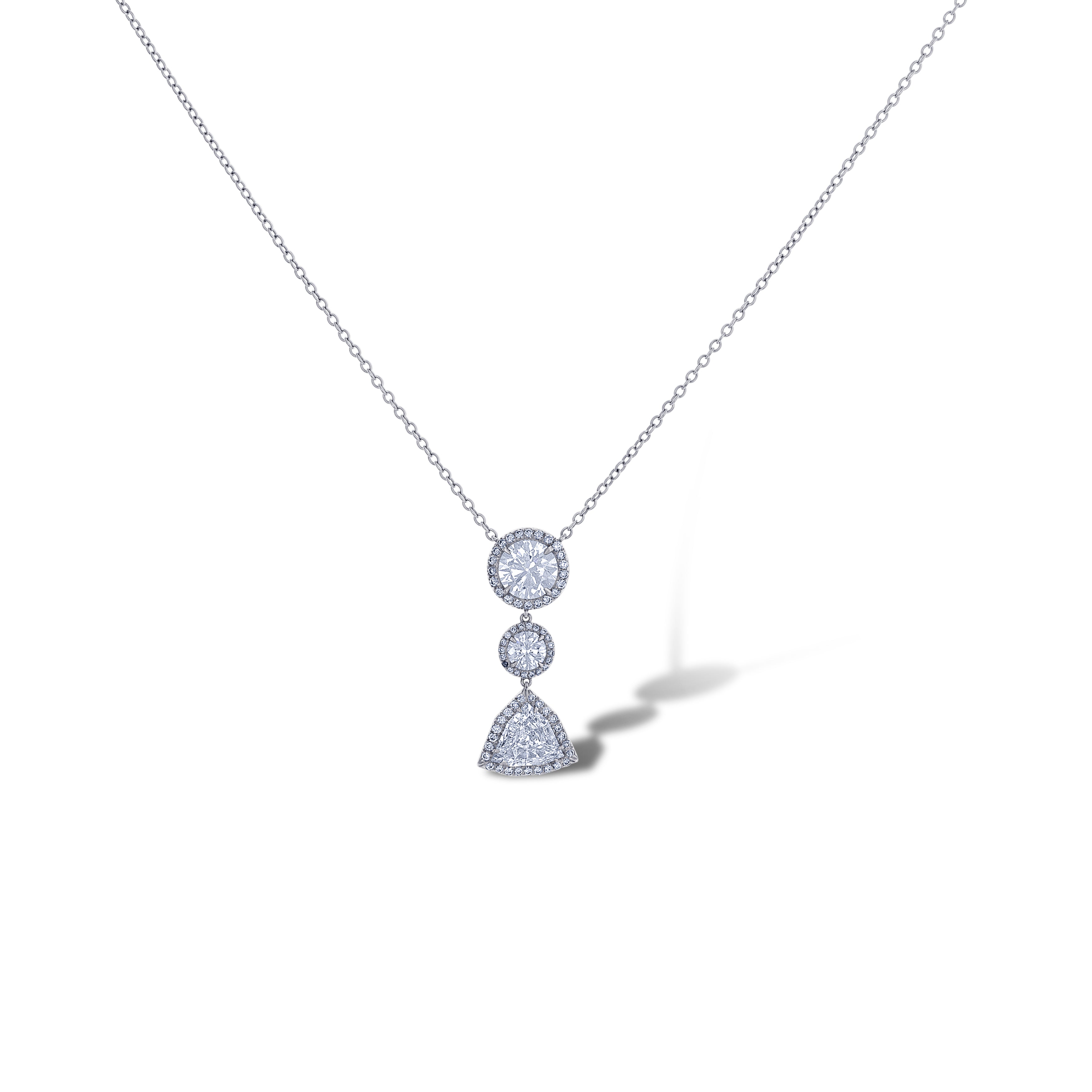 Platinum Round & Trillion Diamond Drop Pendant Necklace