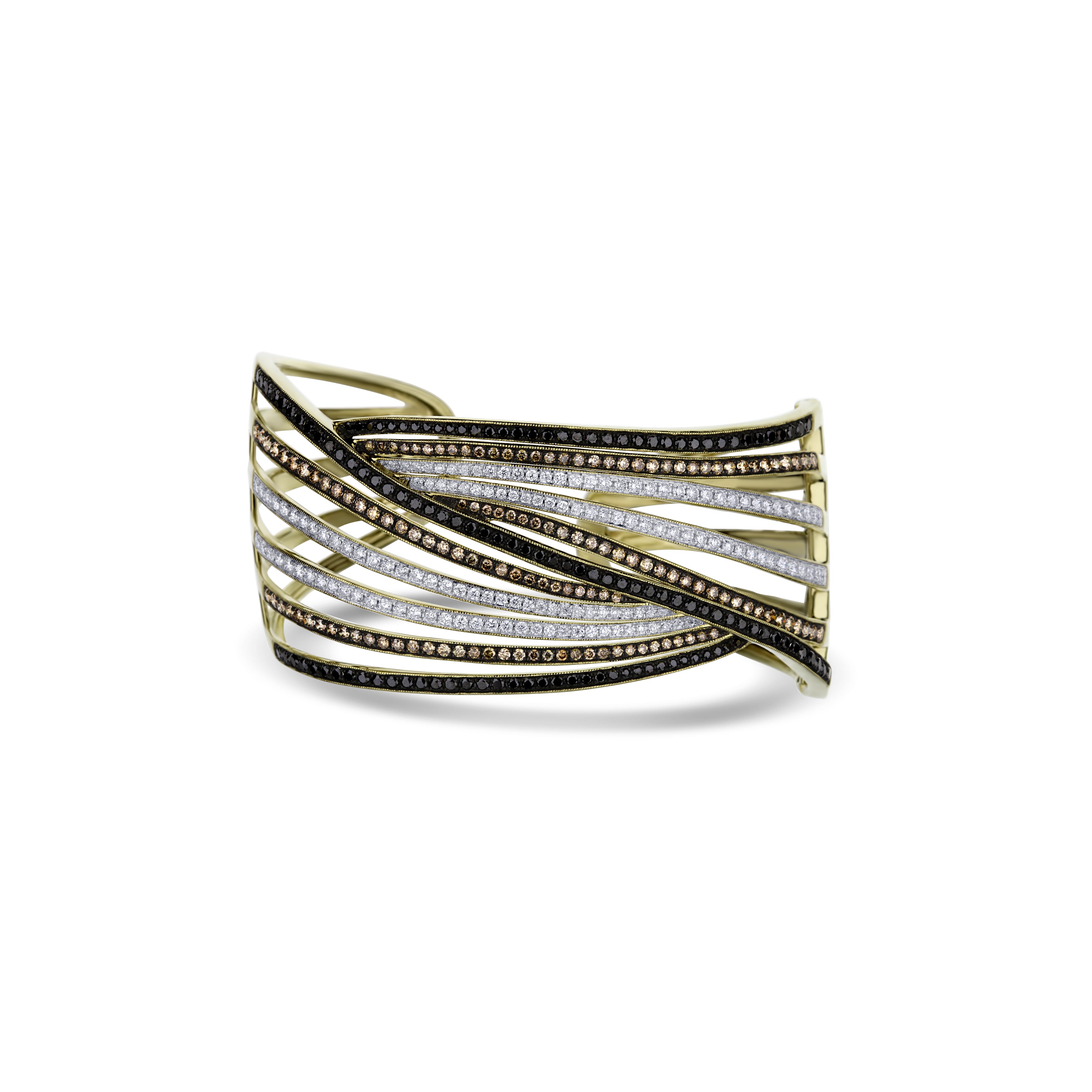 14K Yellow Gold "Dabakaov" Multi Color Diamond Row Designer Bangle 124 Round Black Diamonds